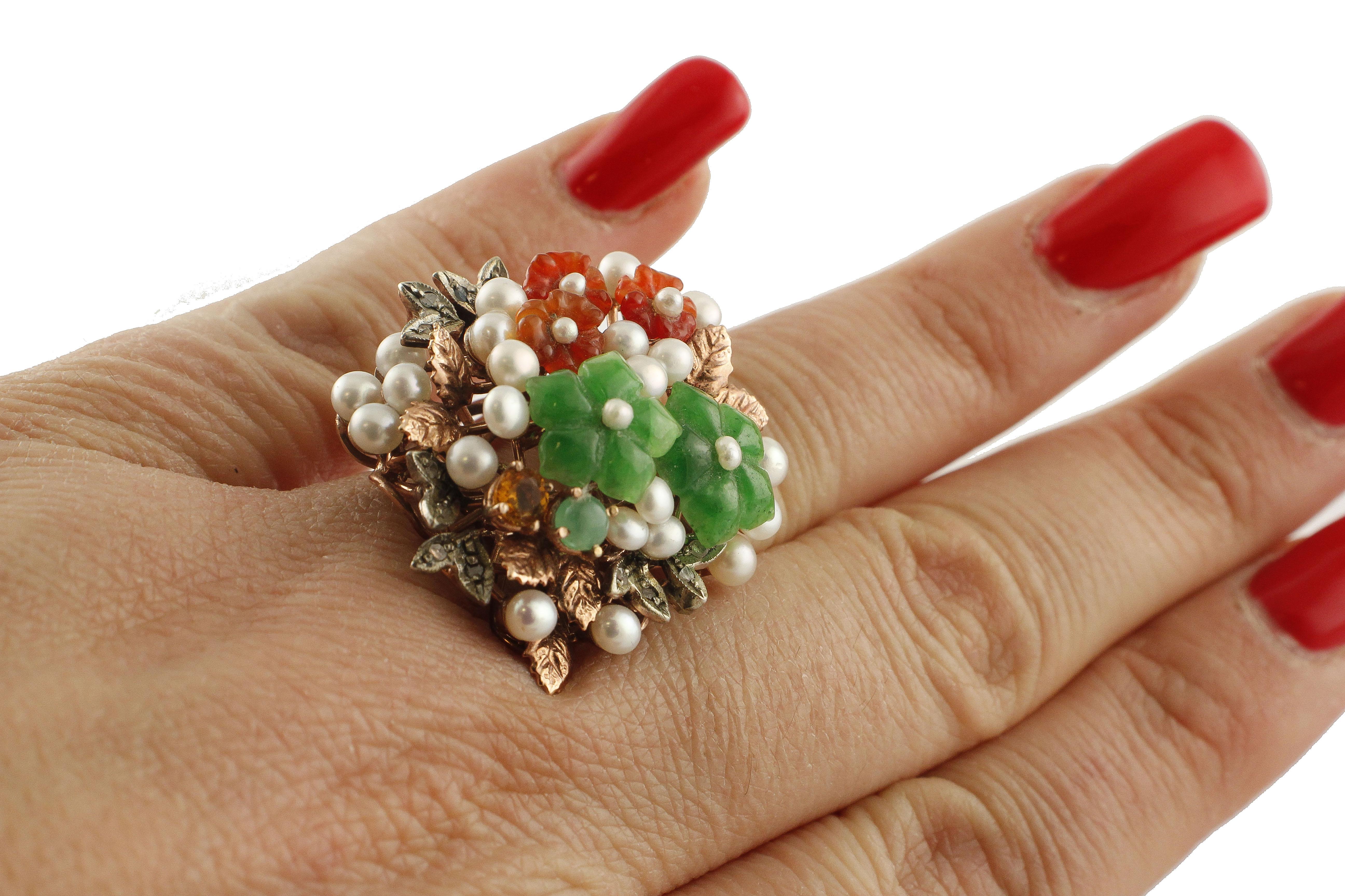 Mixed Cut Carnelian, Green Agate, Pearls, Diamonds, 9k gold and silver Flowery Retro Ring