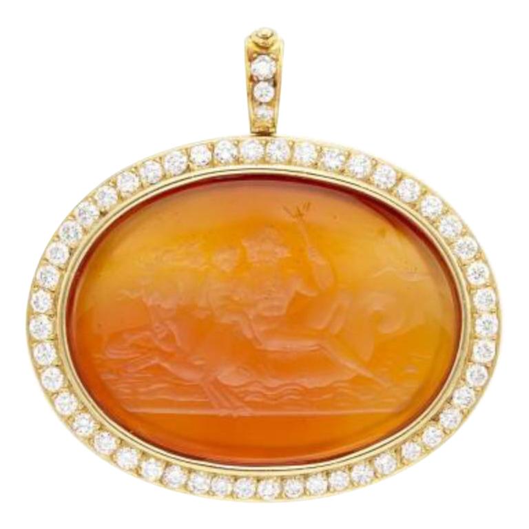 Carnelian Intaglio Diamond Pendant-Brooch For Sale