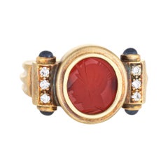Carnelian Intaglio Ring Warrior Estate 18 Karat Gold Diamond Sapphire Jewelry
