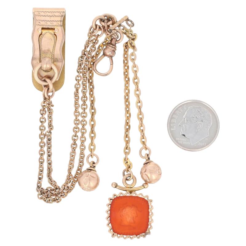Carnelian Intaglio Victorian Fob Clip Pocket Watch Chain 10k Gold & Gold Filled In Excellent Condition For Sale In Greensboro, NC