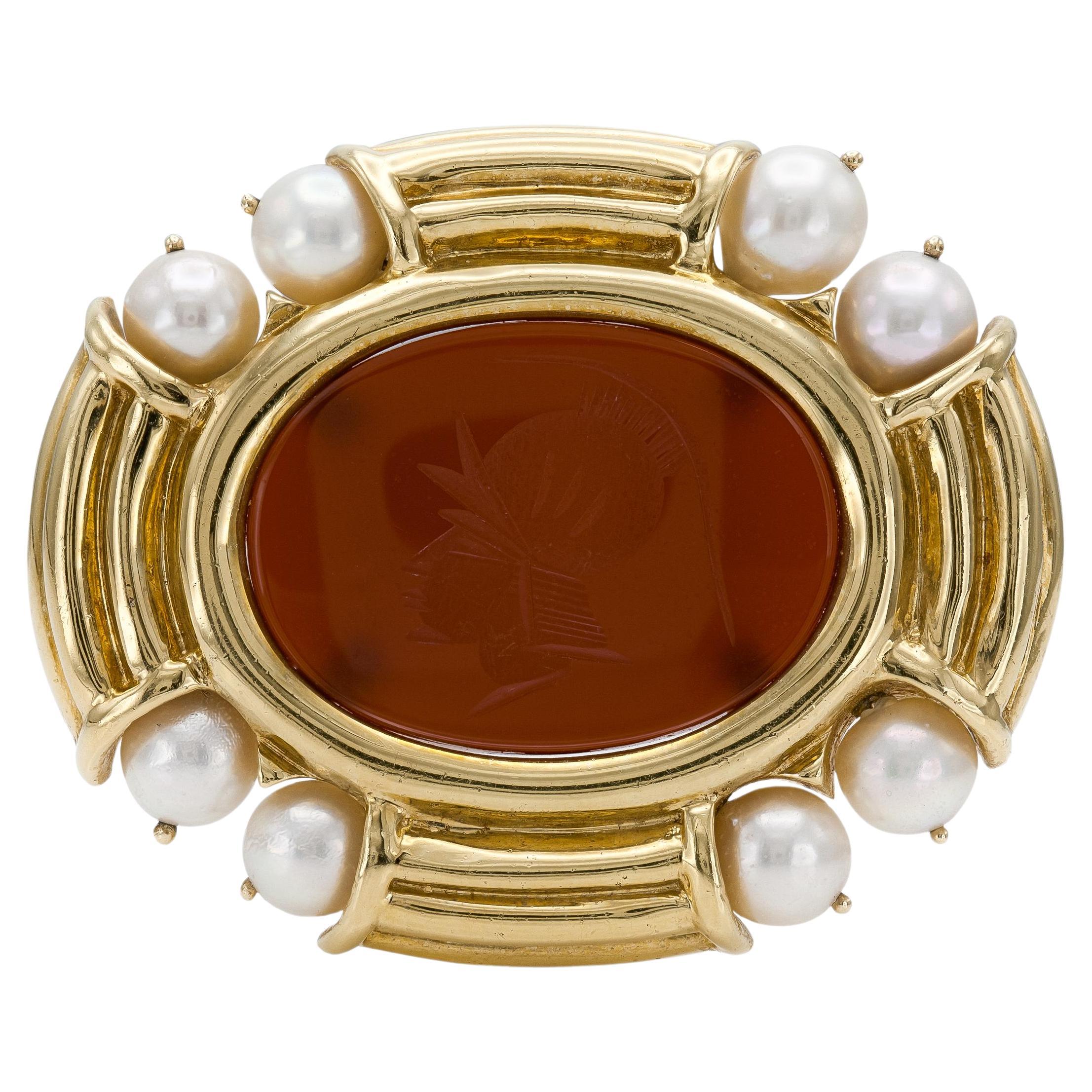 Carnelian Intaglio Yellow Gold Brooch with Pearls For Sale