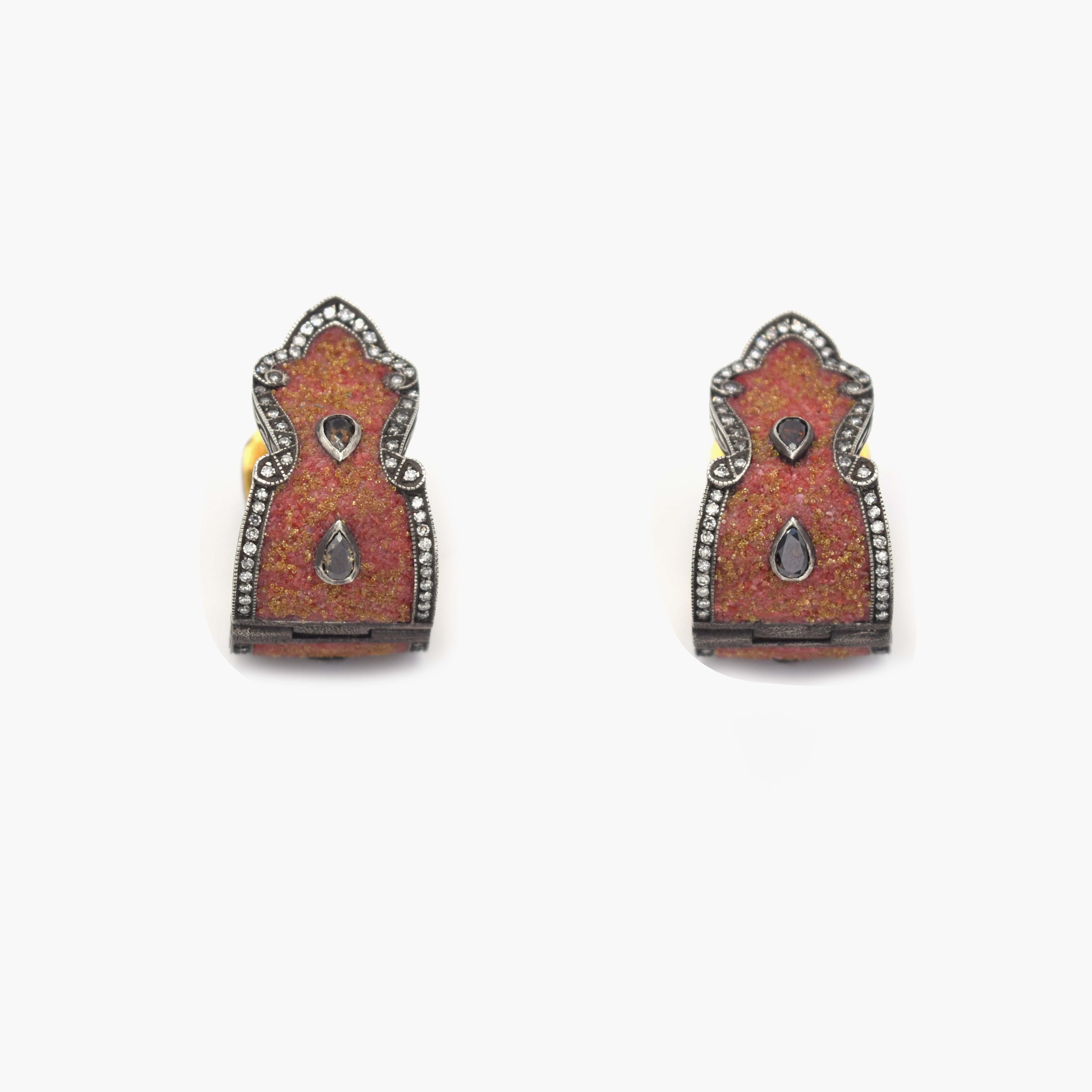 Byzantine Sevan Biçakçi Carnelian and Diamonds Micro Mosaic Earrings in 24K Gold For Sale