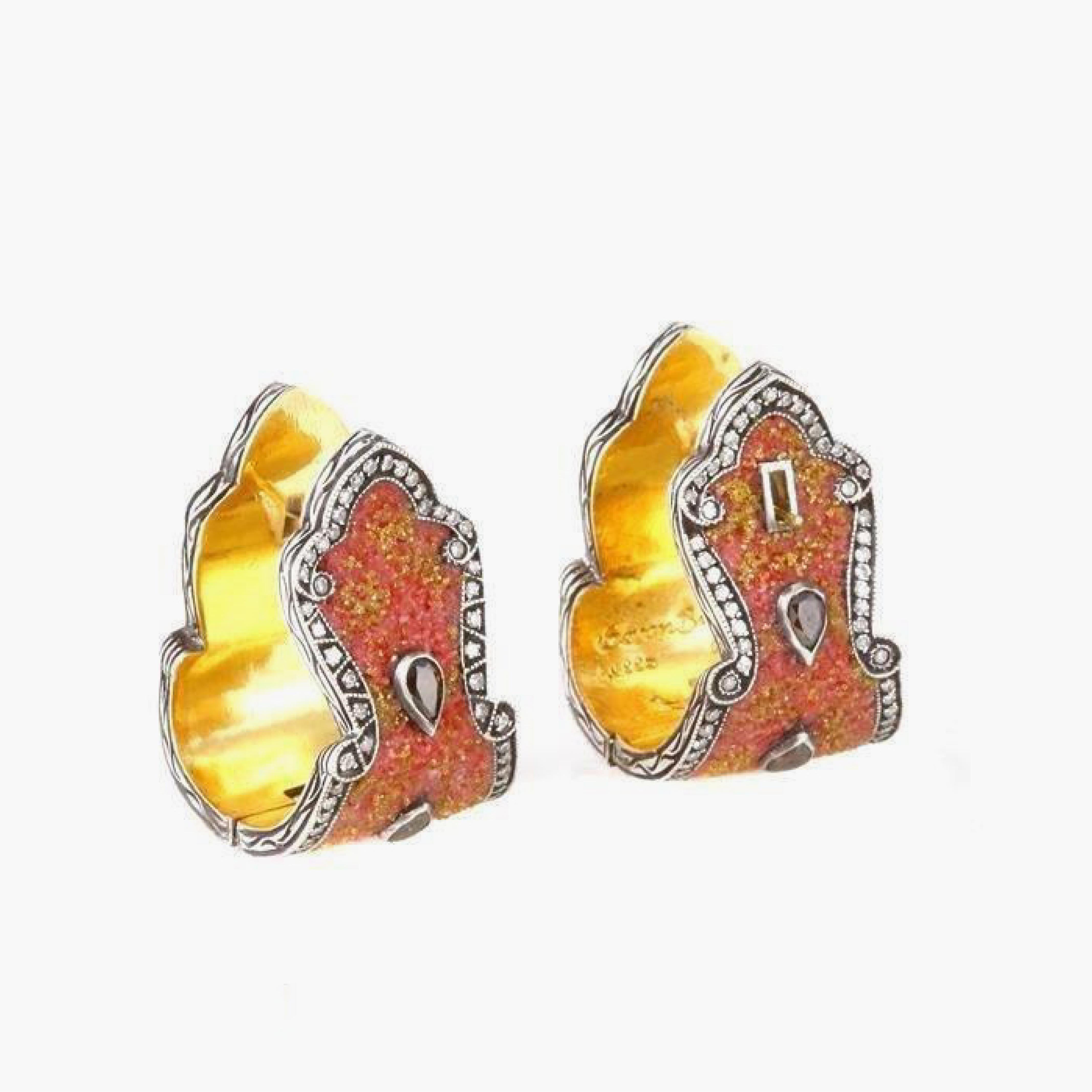 Brilliant Cut Sevan Biçakçi Carnelian and Diamonds Micro Mosaic Earrings in 24K Gold For Sale