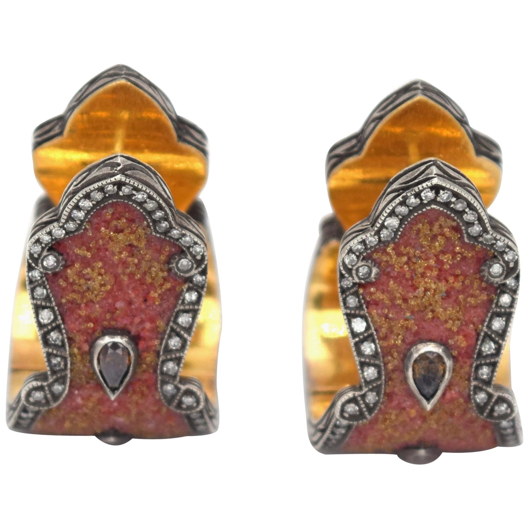 Sevan Biçakçi Carnelian and Diamonds Micro Mosaic Earrings in 24K Gold For Sale