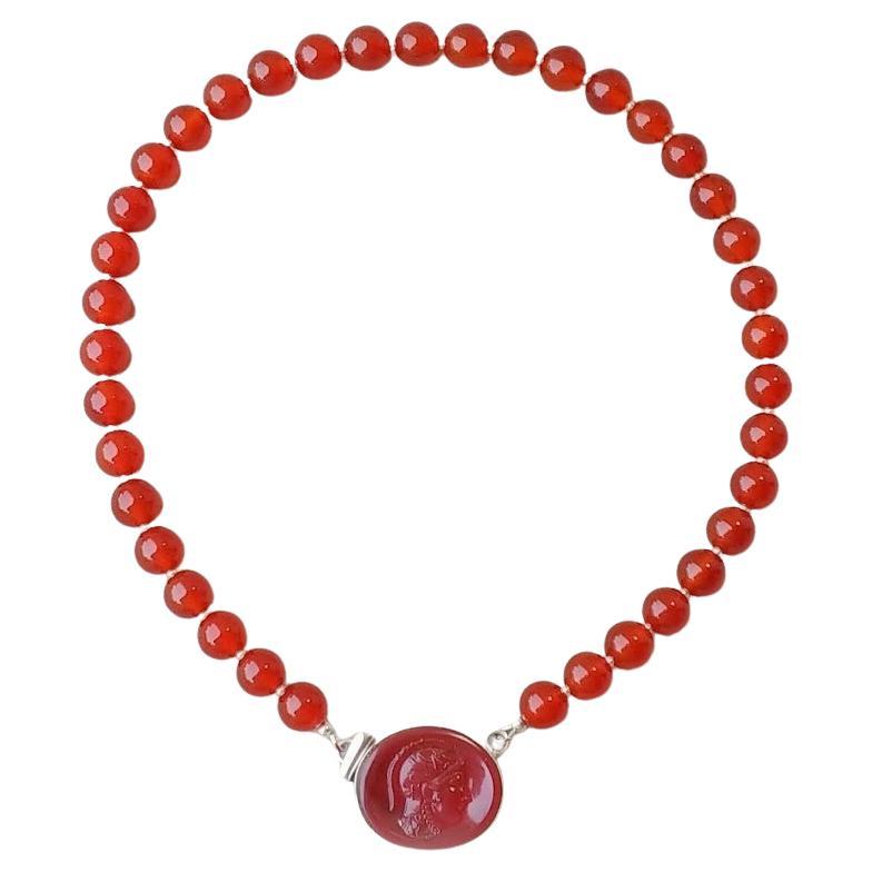 Carnelian Necklace With Intaglio Trojan Warrior Pendant Clasp For Sale