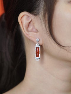Carnelian Onyx Diamond Art Deco Style Bar Drop Earrings in 14K White Gold