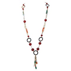 Collana in corniola, onice, tormalina, smeraldi e retrò