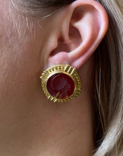 Carnelian Roman Profile Intaglio Gold Large Earrings
