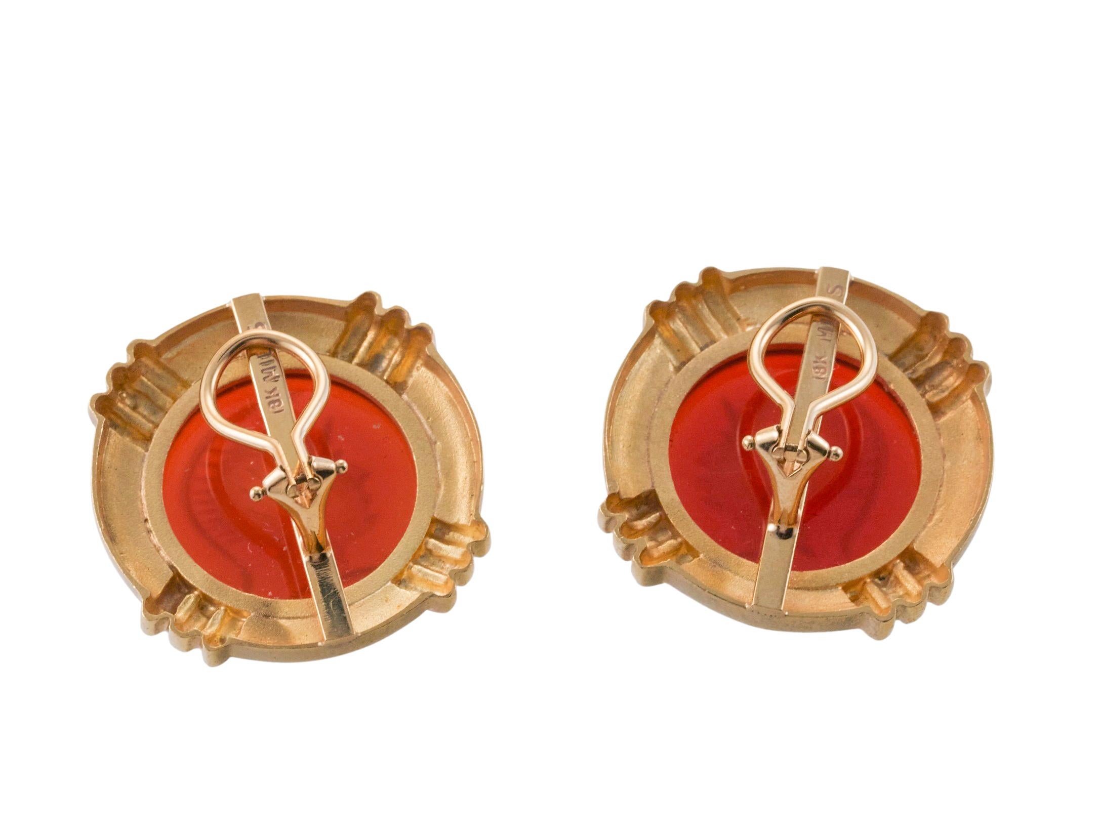 Round Cut Carnelian Roman Profile Intaglio Gold Large Earrings For Sale