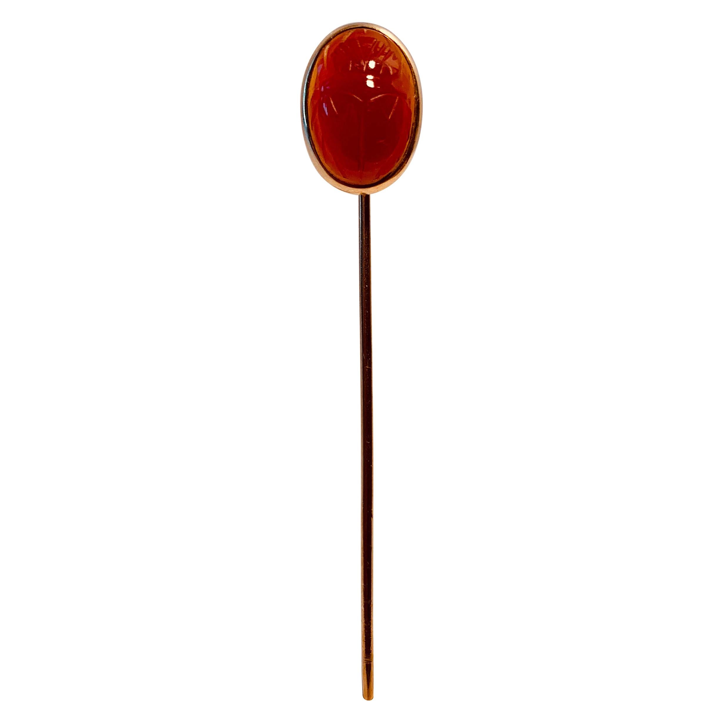 Hand Carved to Resemble an Egyptian Scarab-14k and Carnelian Cabochon Stickpin