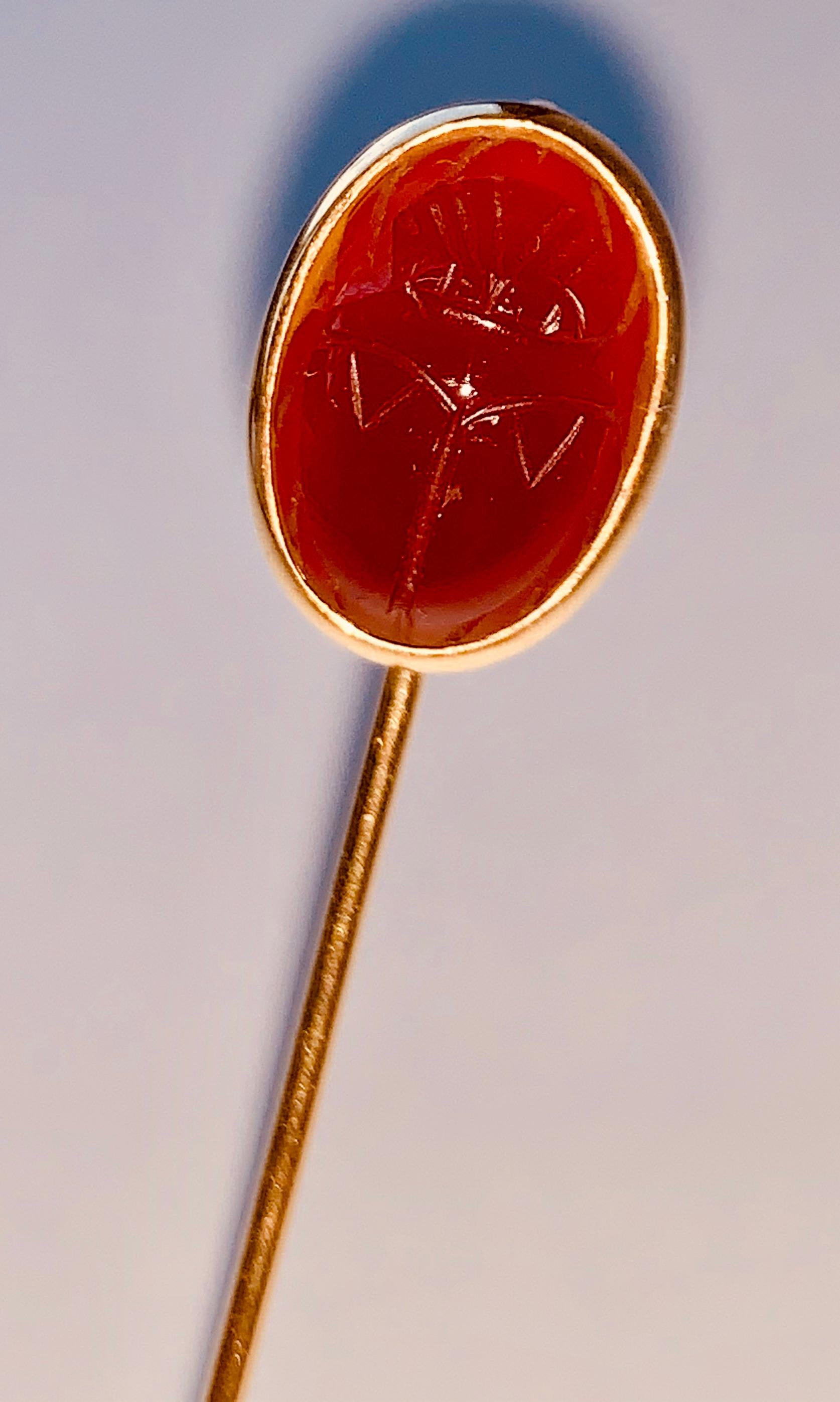 Egyptian Revival Hand Carved to Resemble an Egyptian Scarab-14k and Carnelian Cabochon Stickpin