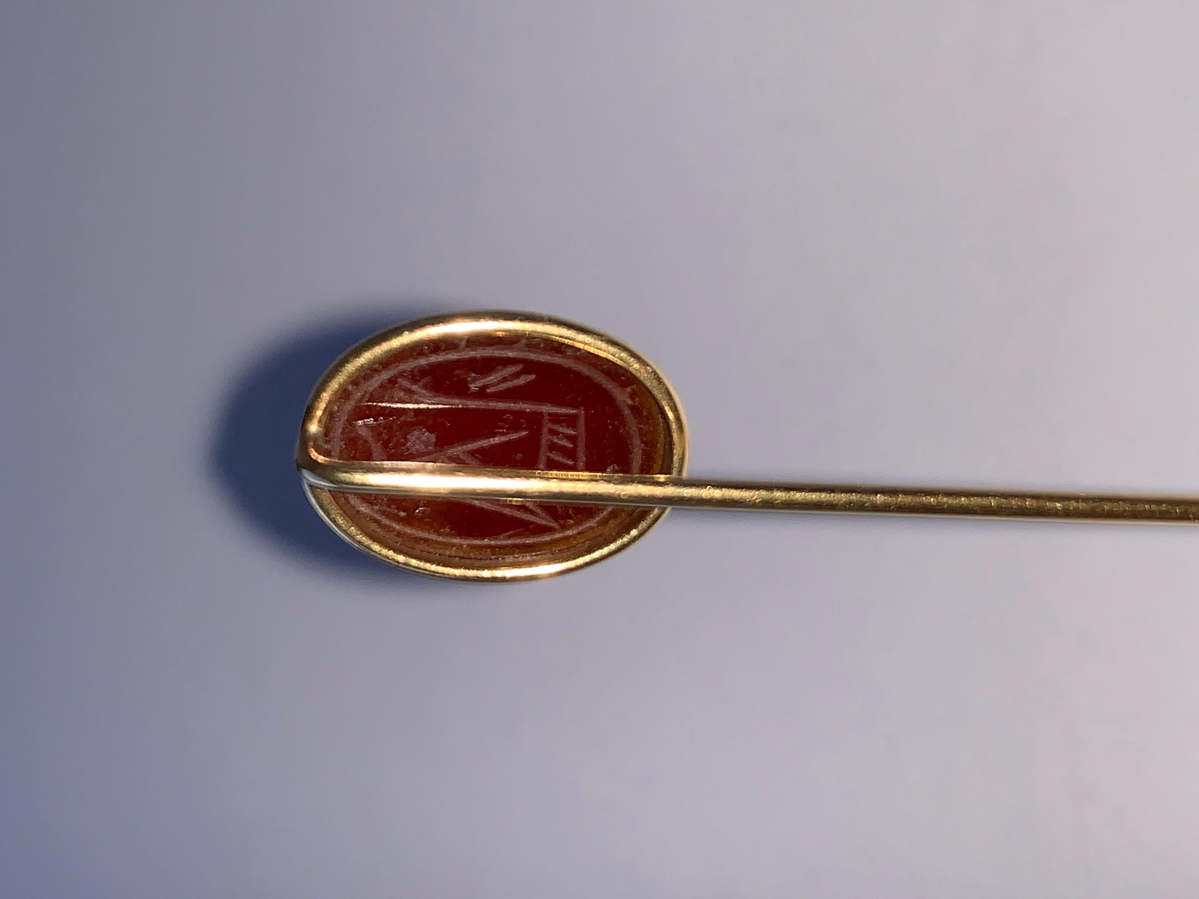 Oval Cut Hand Carved to Resemble an Egyptian Scarab-14k and Carnelian Cabochon Stickpin