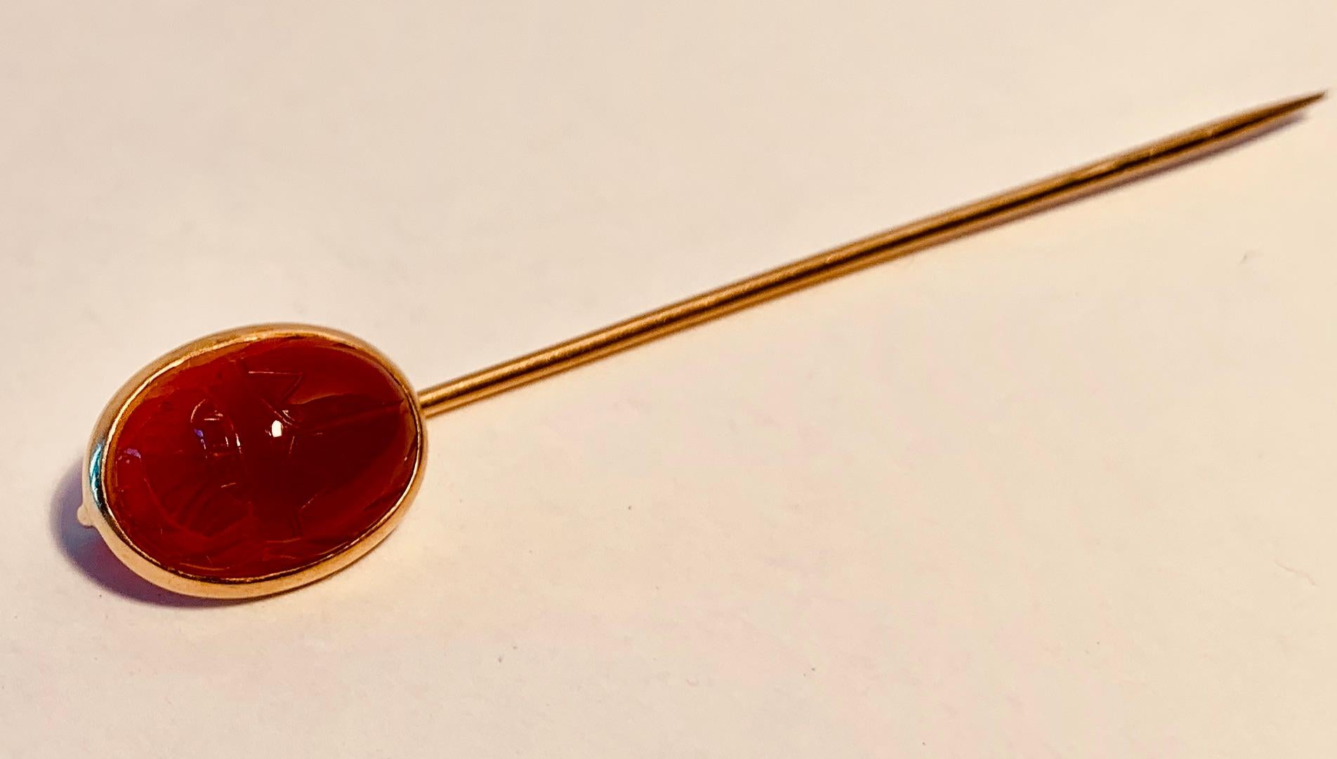 Women's or Men's Hand Carved to Resemble an Egyptian Scarab-14k and Carnelian Cabochon Stickpin