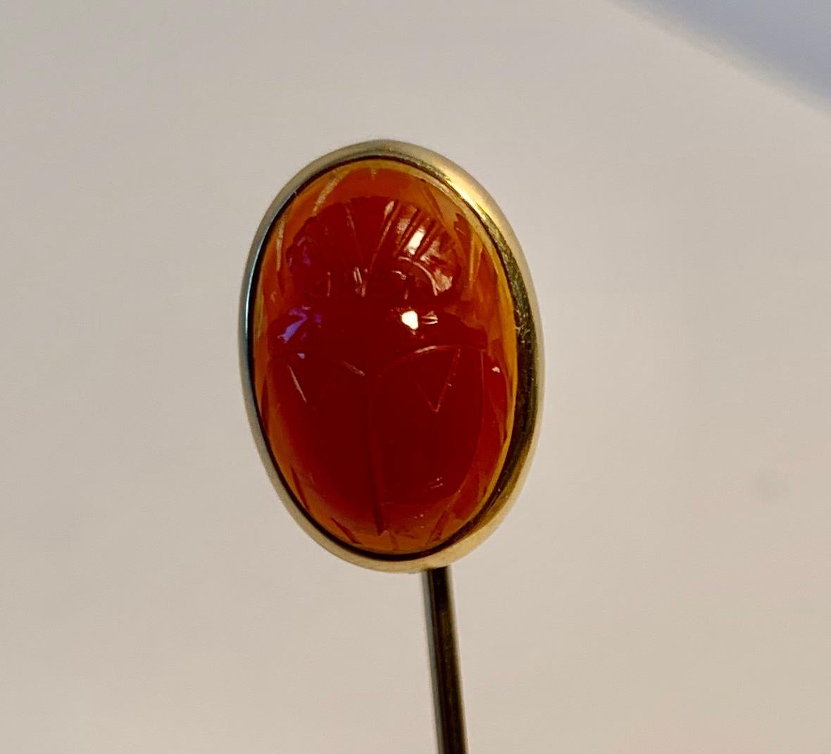 Hand Carved to Resemble an Egyptian Scarab-14k and Carnelian Cabochon Stickpin 1