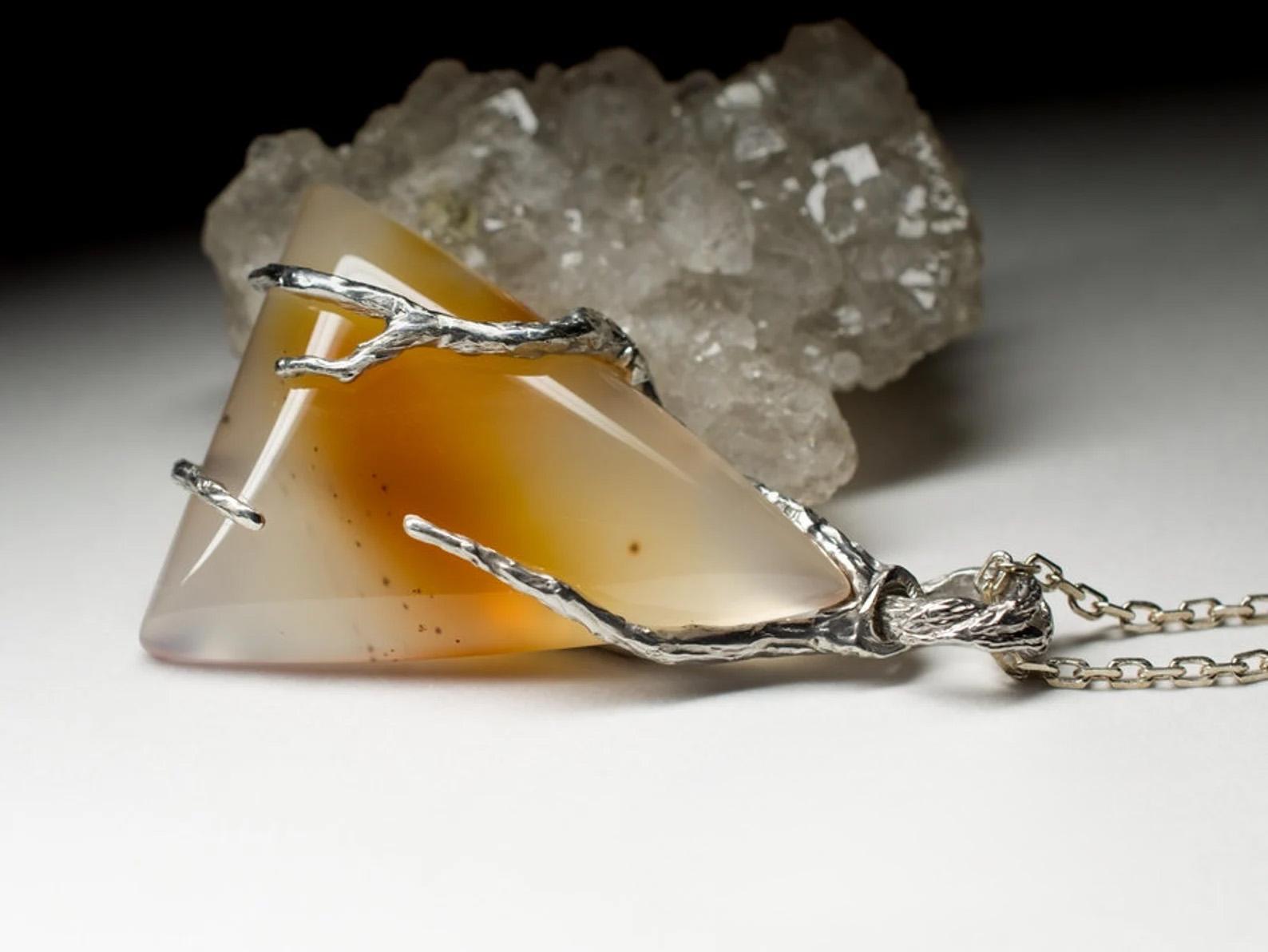 Carnelian Silver Pendant Honey Yellow Orange Gradient Translucent Gemstone  For Sale 4