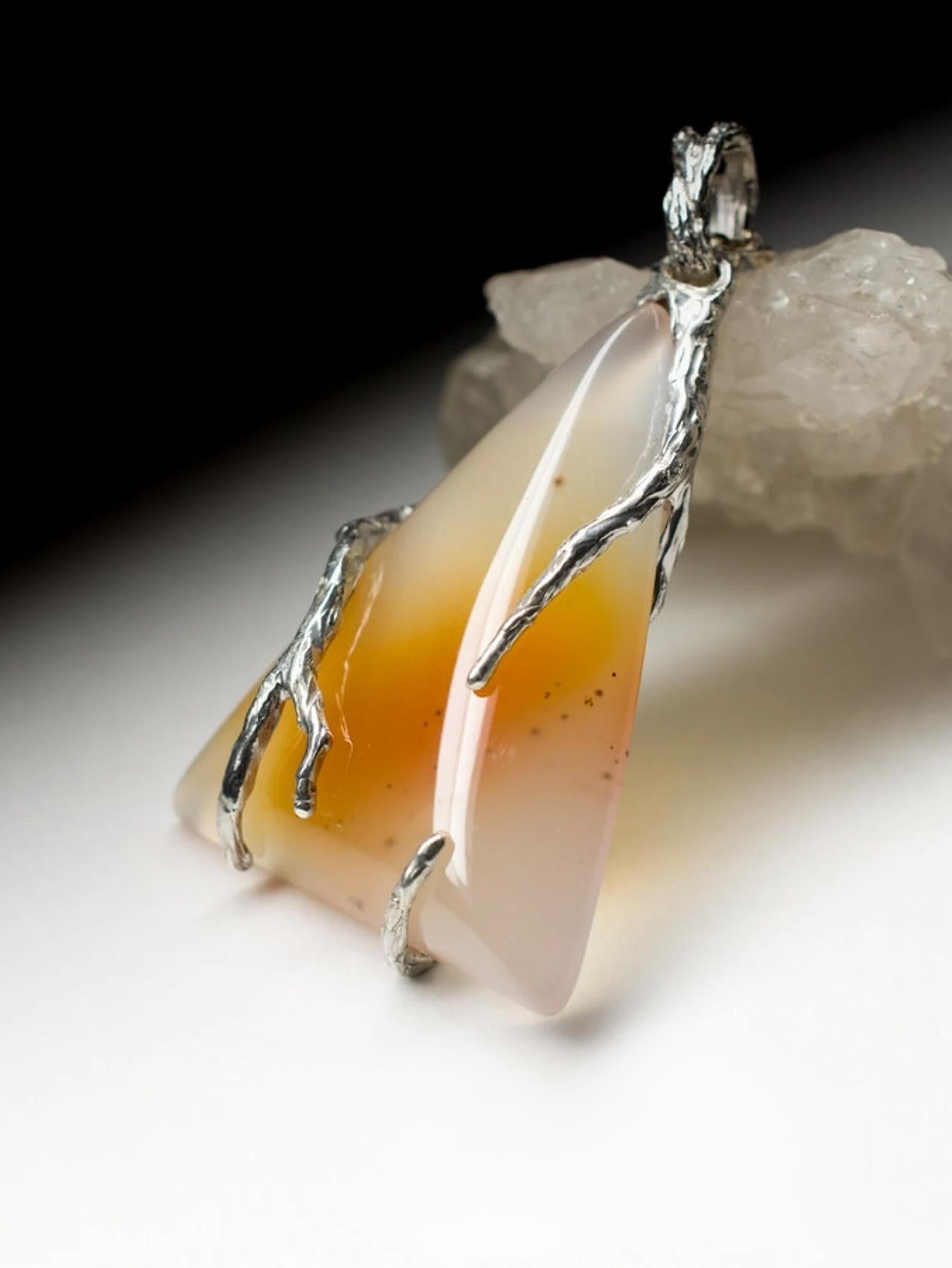 Artisan Carnelian Silver Pendant Honey Yellow Orange Gradient Translucent Gemstone  For Sale