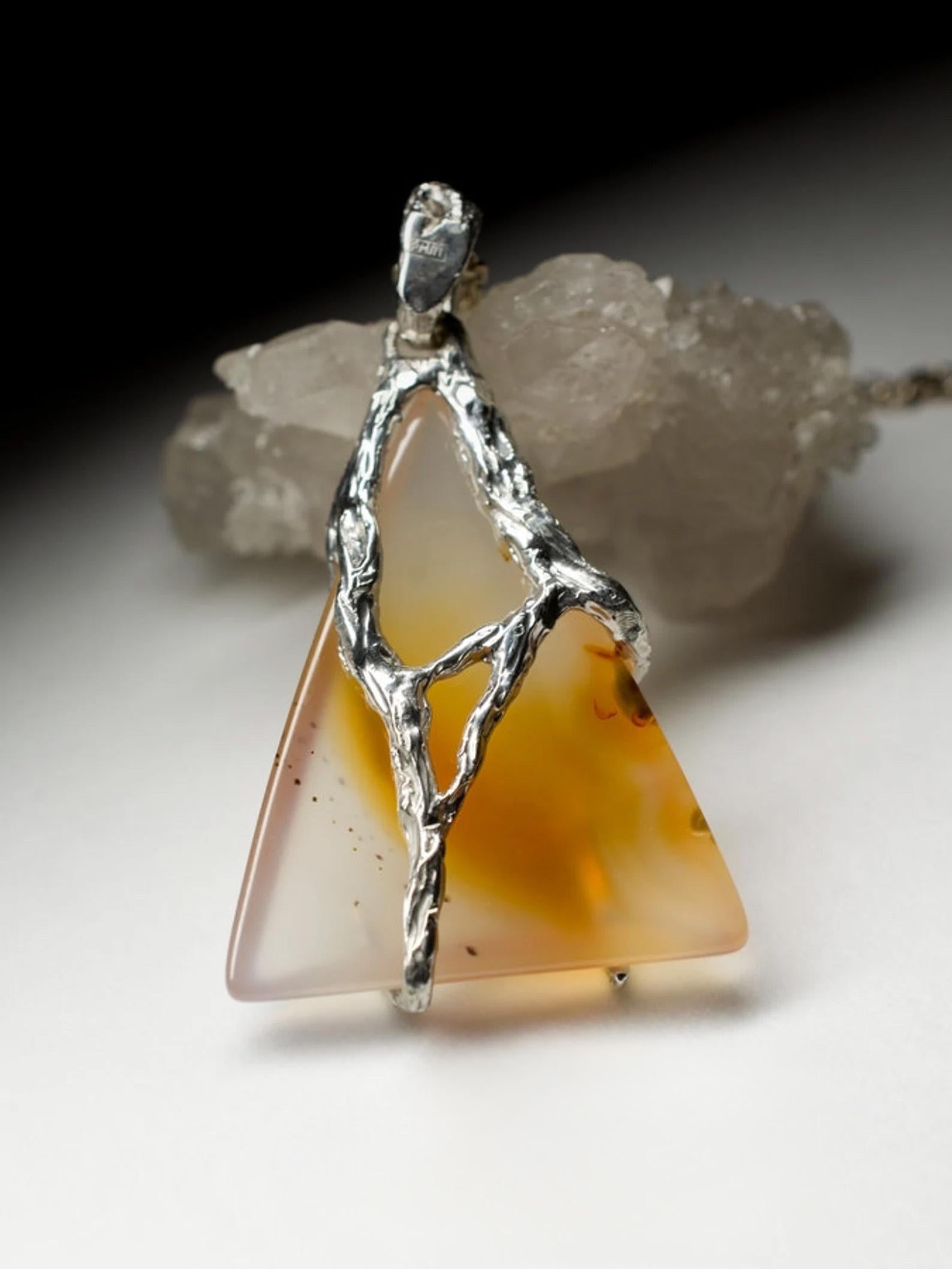 Trillion Cut Carnelian Silver Pendant Honey Yellow Orange Gradient Translucent Gemstone  For Sale