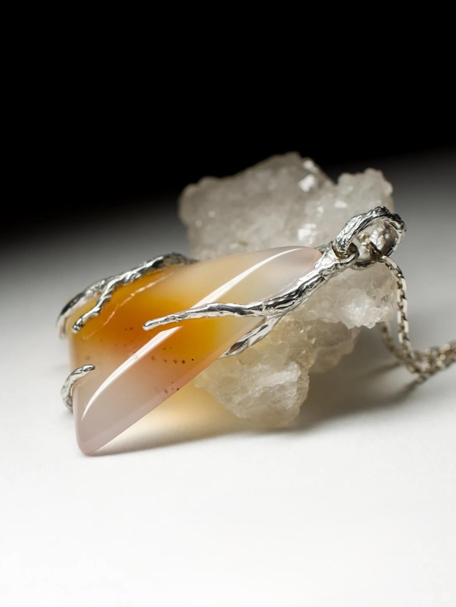 Women's or Men's Carnelian Silver Pendant Honey Yellow Orange Gradient Translucent Gemstone  For Sale
