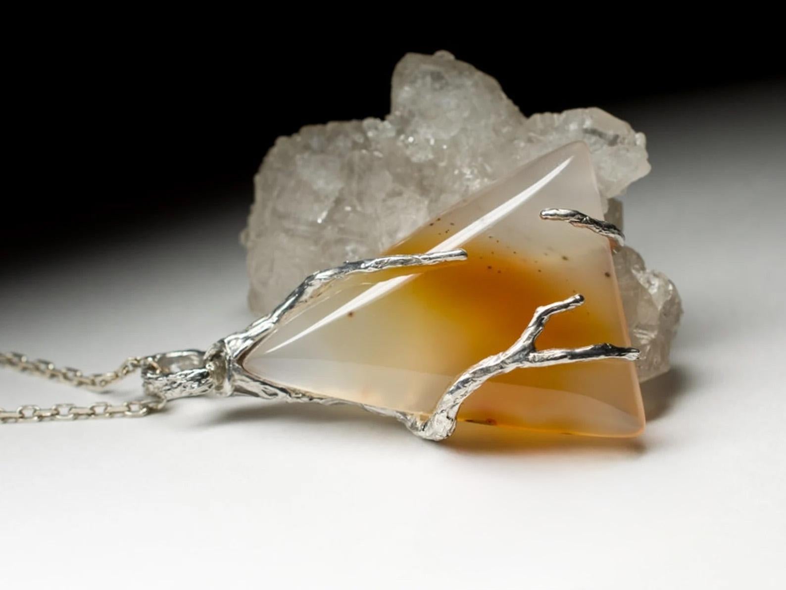 Carnelian Silver Pendant Honey Yellow Orange Gradient Translucent Gemstone  For Sale 1