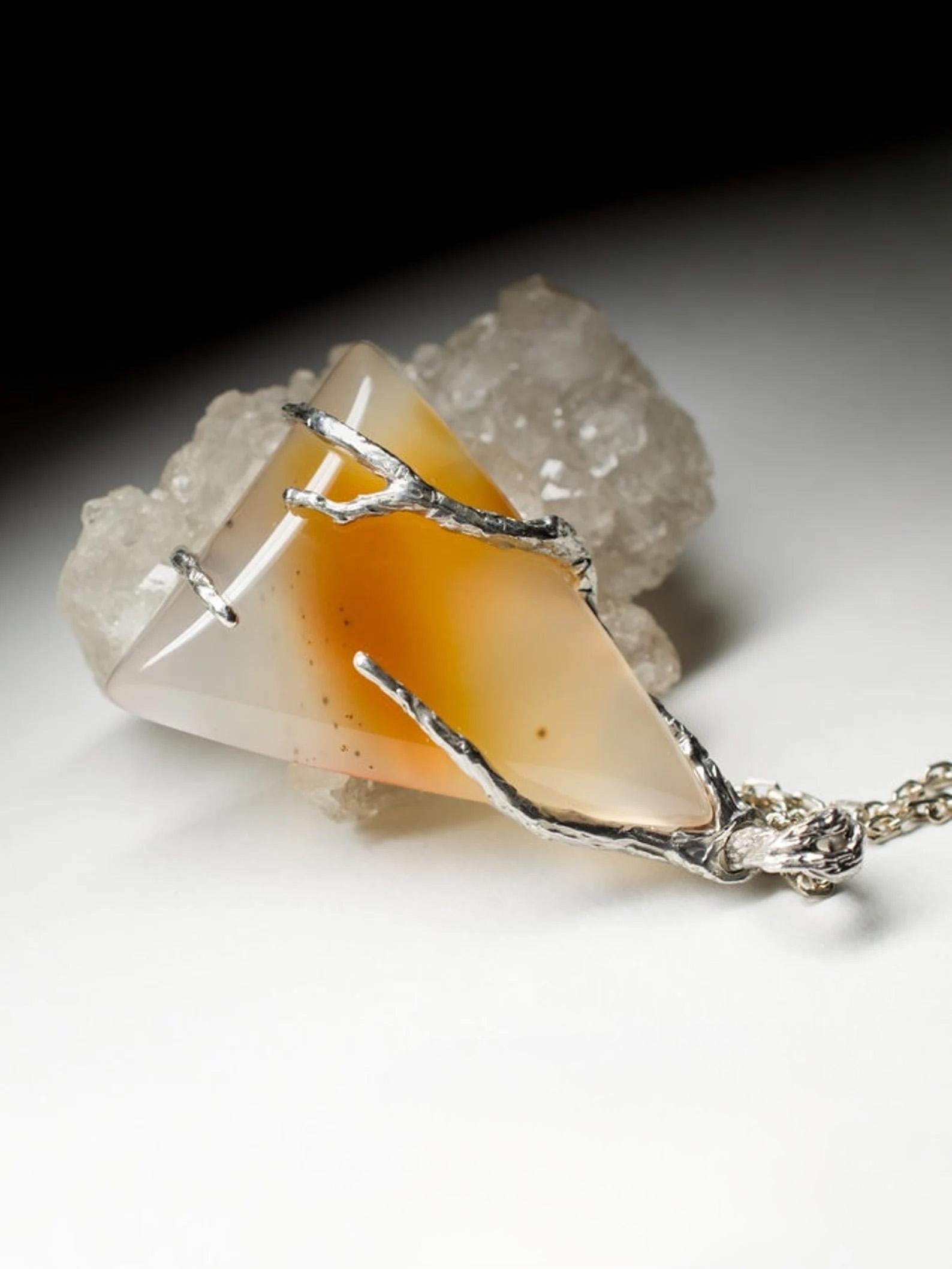 Carnelian Silver Pendant Honey Yellow Orange Gradient Translucent Gemstone  For Sale 2