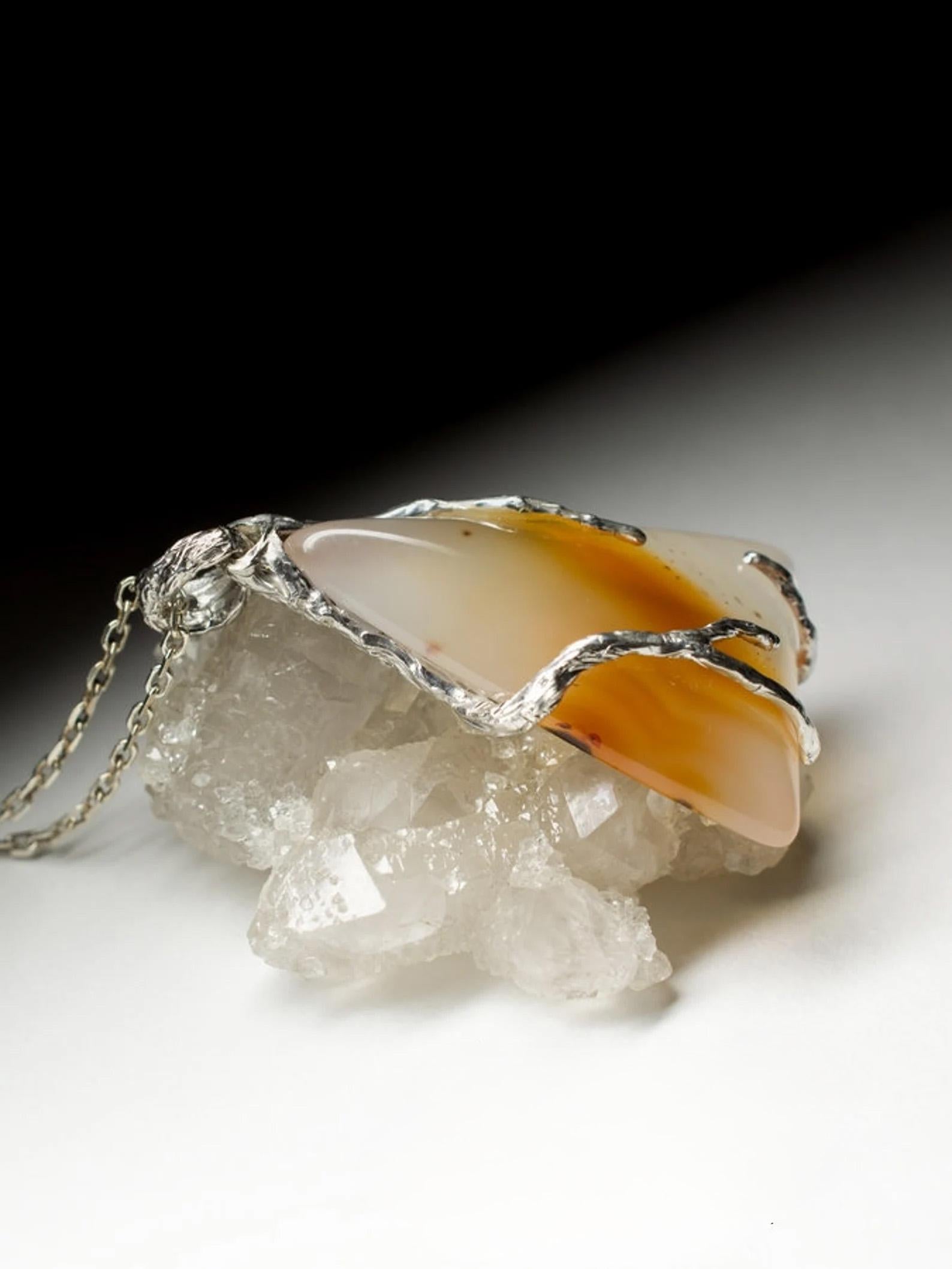 Carnelian Silver Pendant Honey Yellow Orange Gradient Translucent Gemstone  For Sale 3