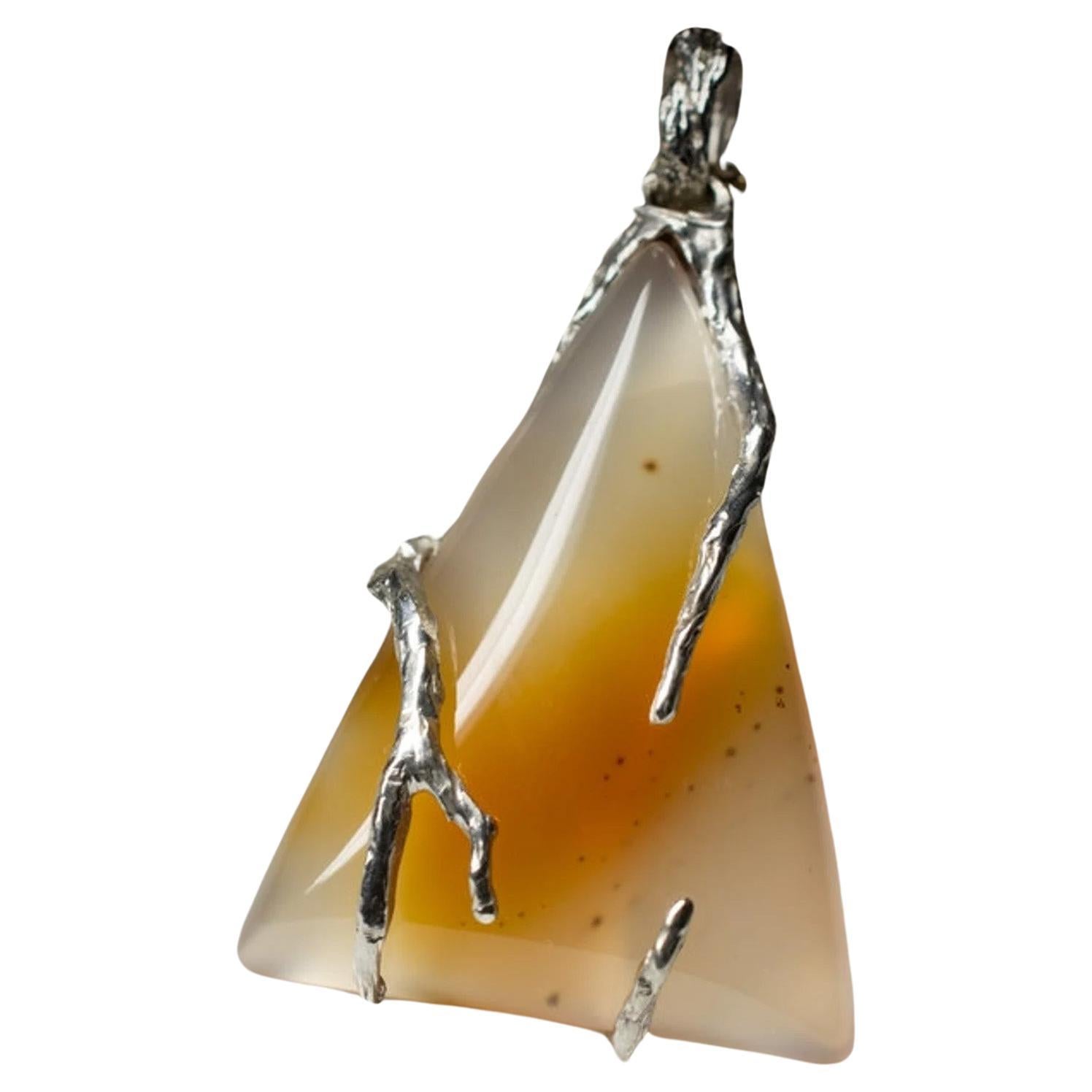 Carnelian Silver Pendant Honey Yellow Orange Gradient Translucent Gemstone  For Sale