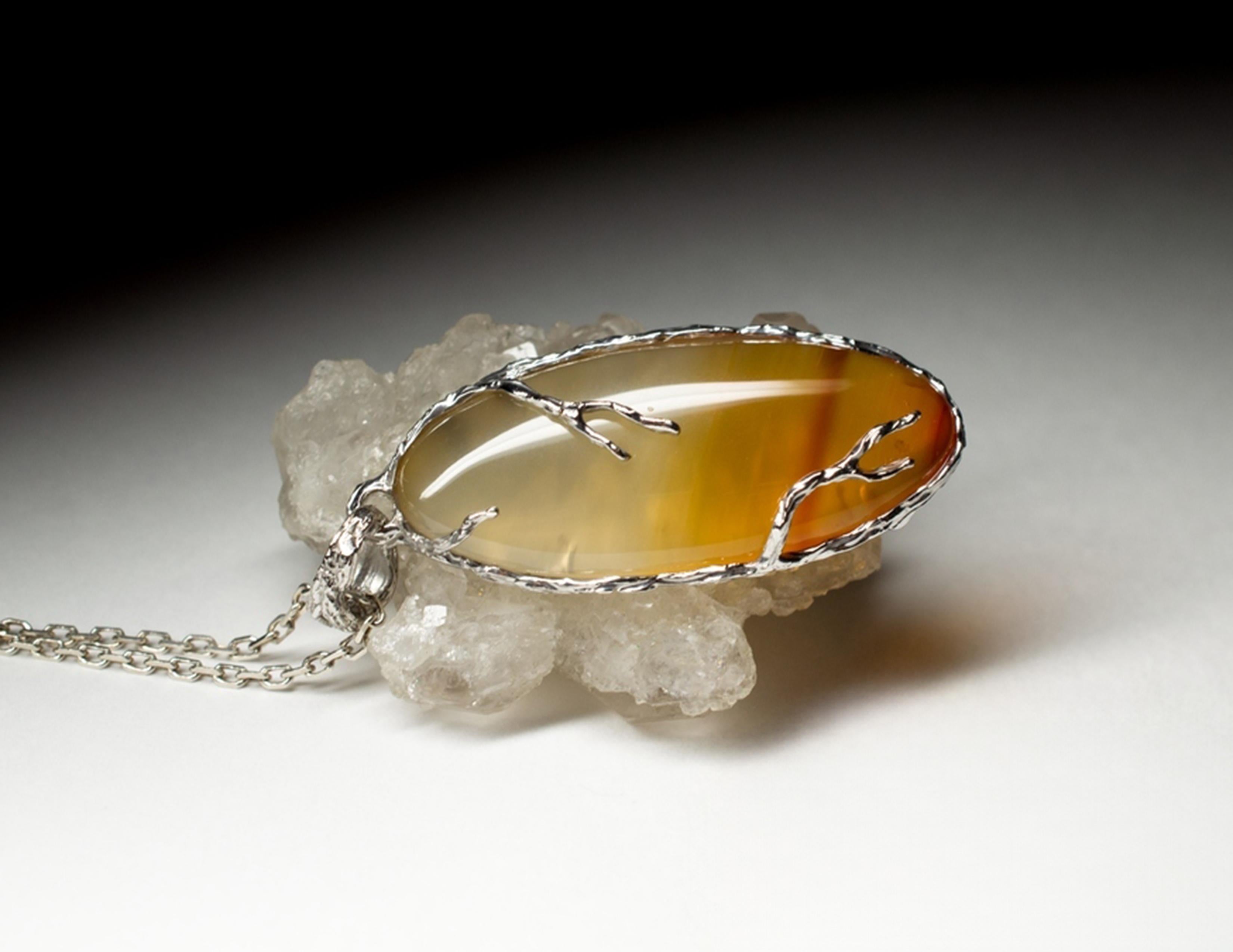 Artisan Carnelian Silver Pendant Yellow Orange Gradient Translucent Oval Gemstone For Sale