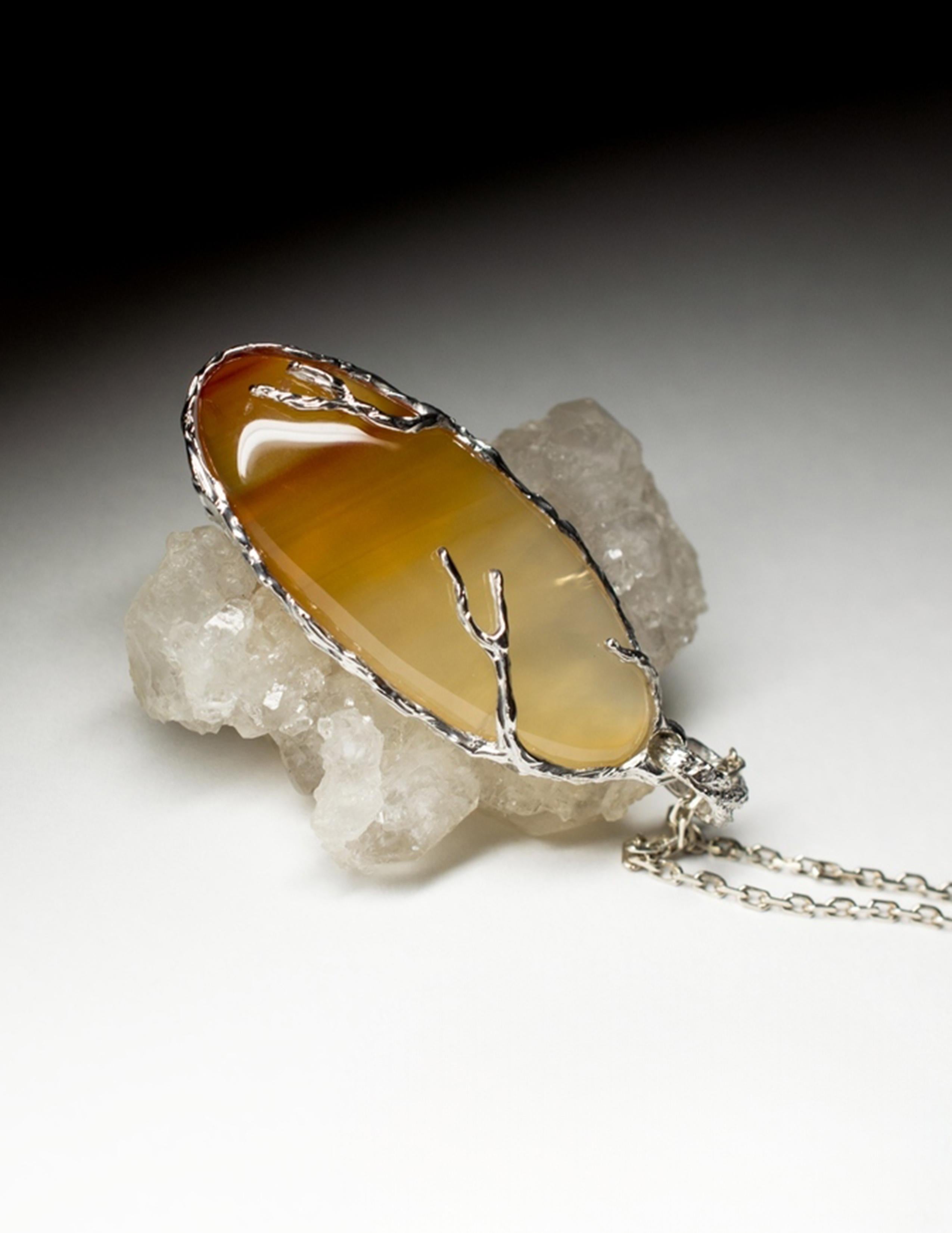 Women's or Men's Carnelian Silver Pendant Yellow Orange Gradient Translucent Oval Gemstone For Sale