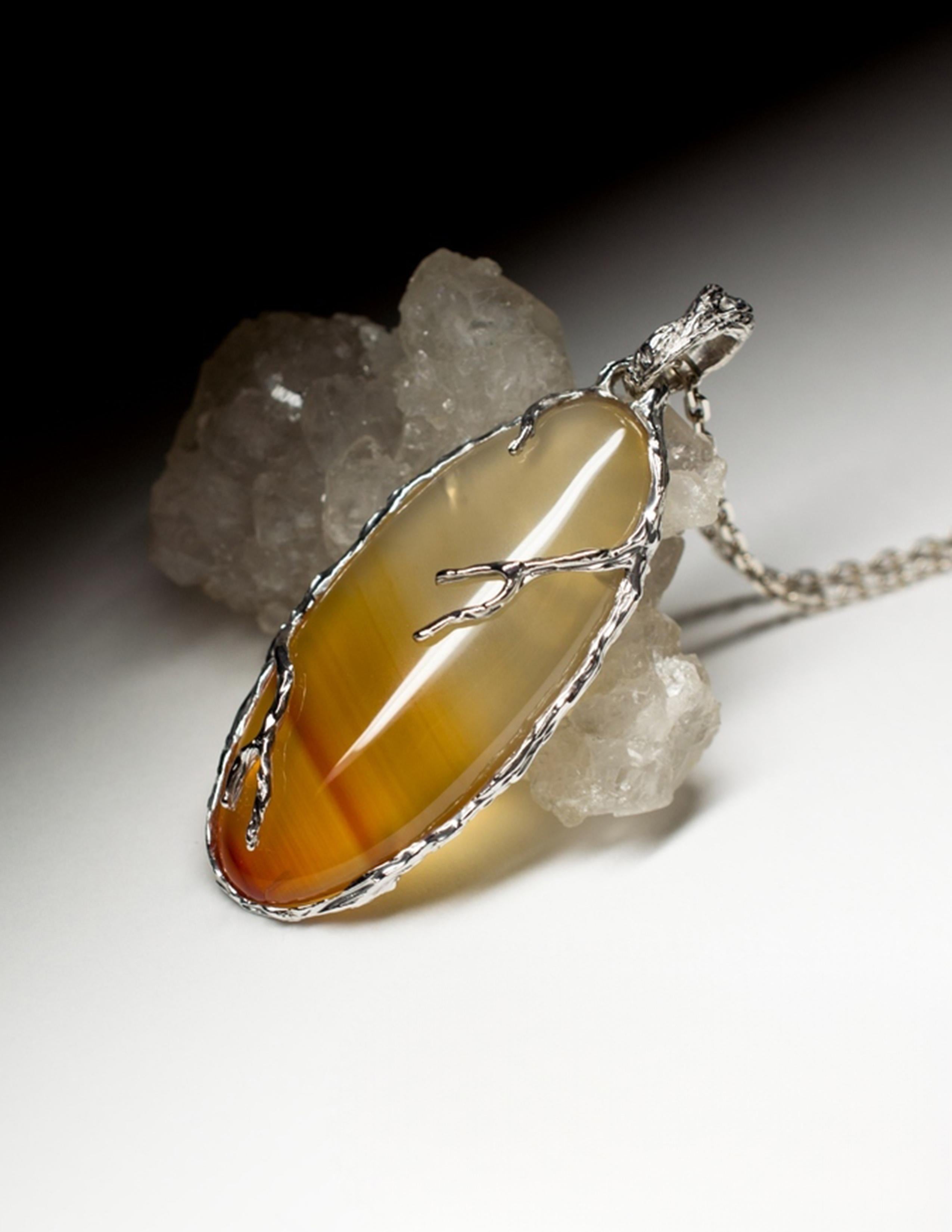 Carnelian Silver Pendant Yellow Orange Gradient Translucent Oval Gemstone For Sale 1