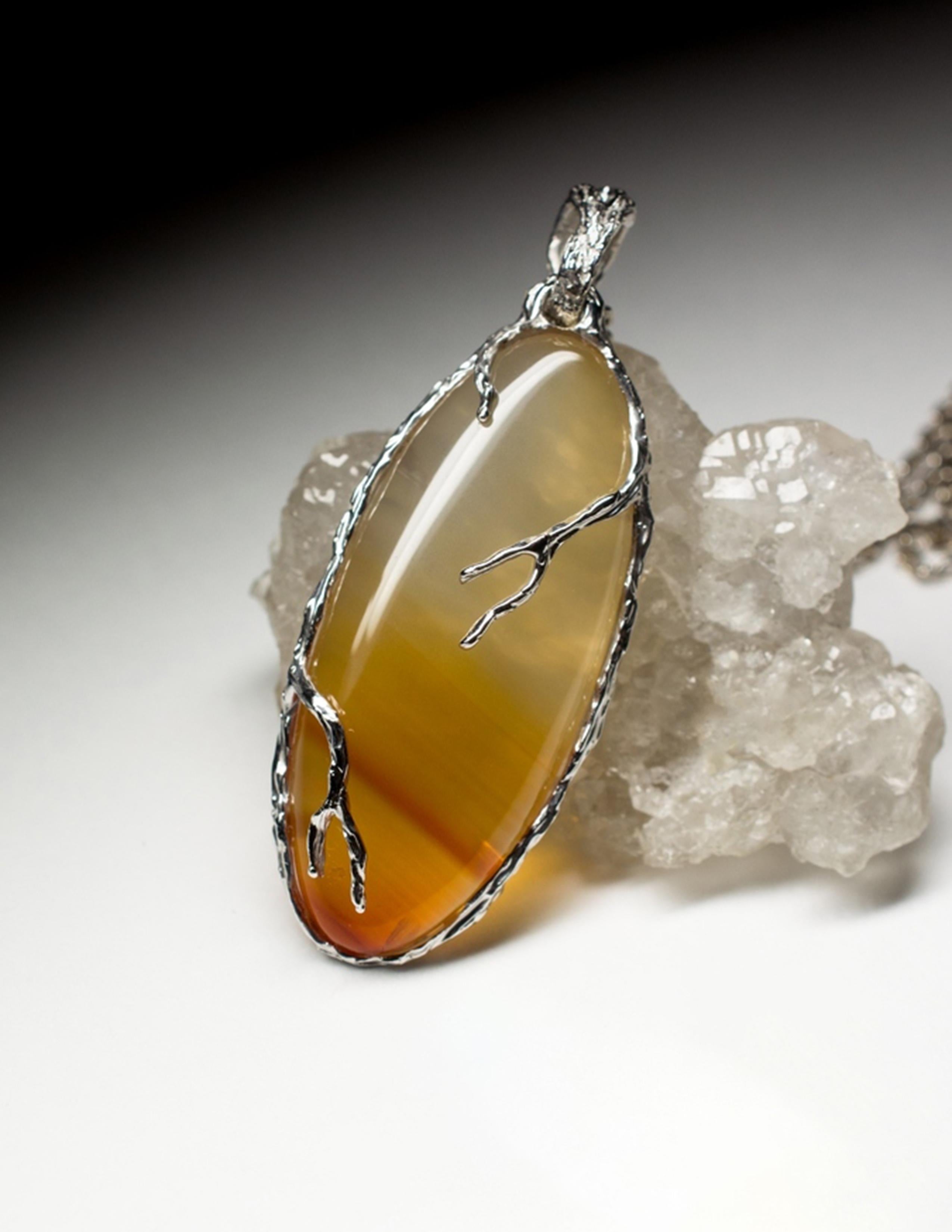 Carnelian Silver Pendant Yellow Orange Gradient Translucent Oval Gemstone For Sale 2
