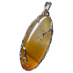 Carnelian Silver Pendant Yellow Orange Gradient Translucent Oval Gemstone