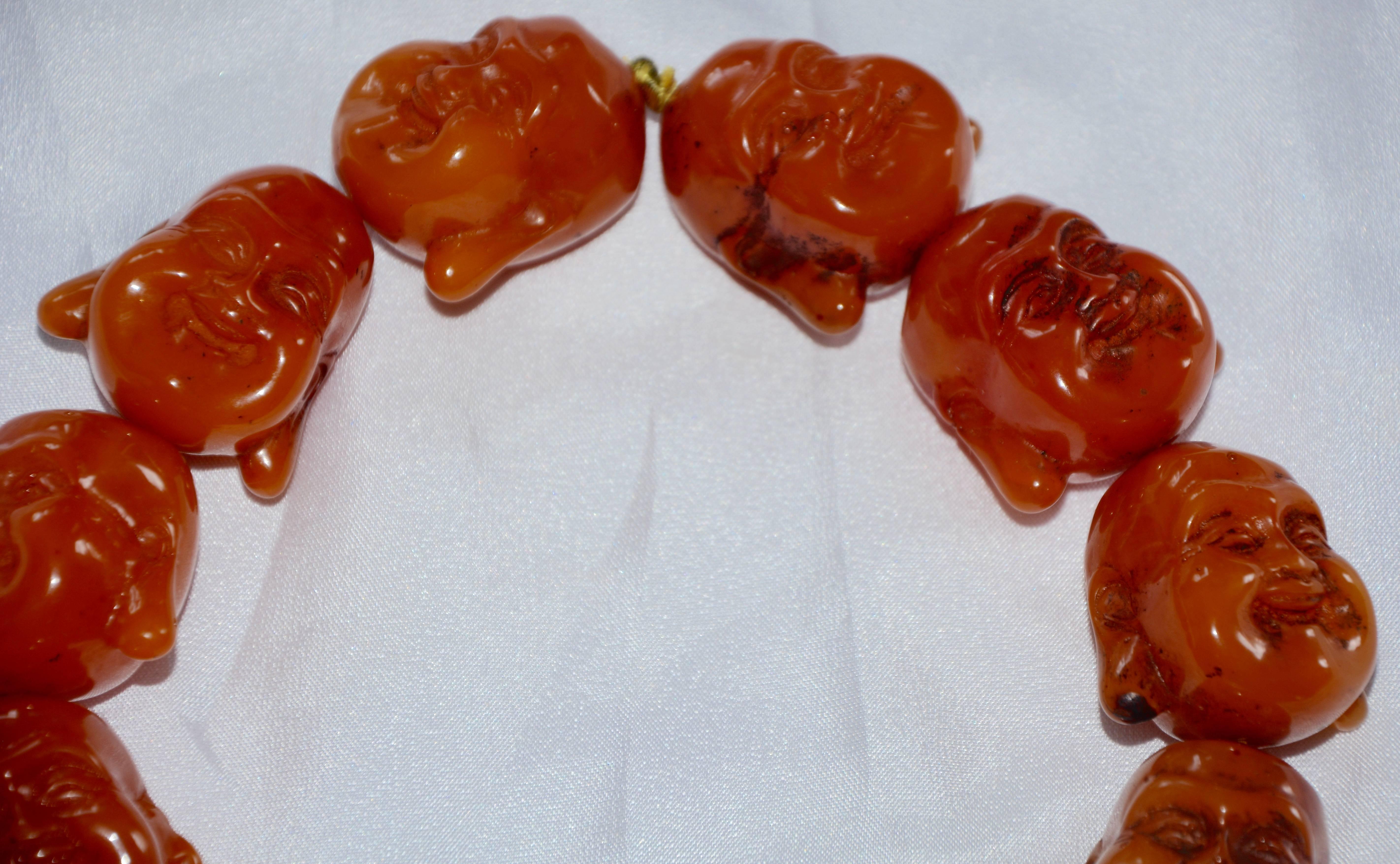 Stone Carnelian Statement Necklace with Smiling Buddha Heads For Sale