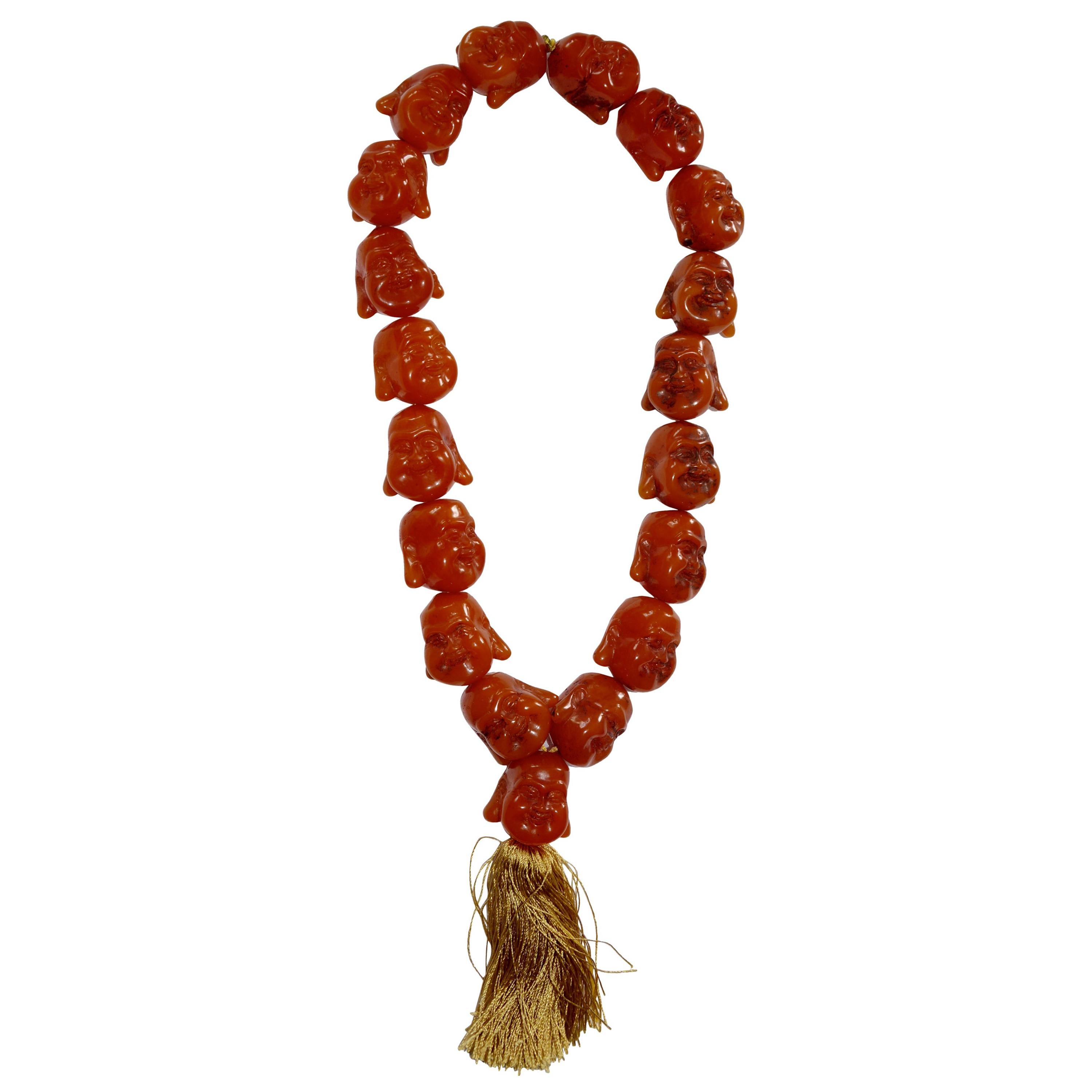 Carnelian Statement Necklace with Smiling Buddha Heads For Sale