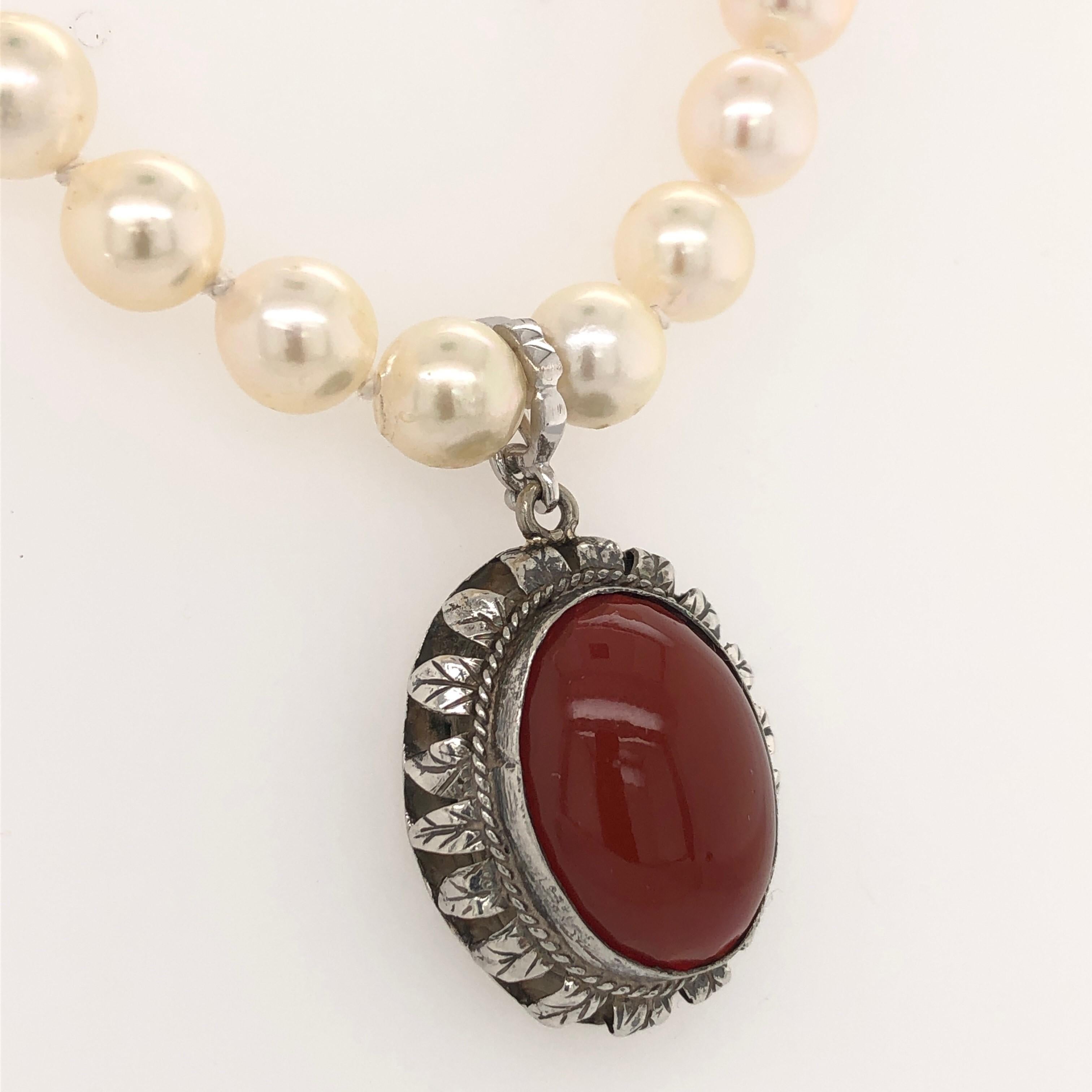 Carnelian Sterling Silver Pendant Enhancer on Akoya Pearl Strand Necklace In Excellent Condition For Sale In Mount Kisco, NY