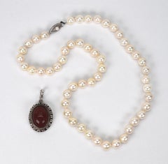 Pearl Necklace with Carnelian Cabochon Sterling Silver Removable Enhancer
