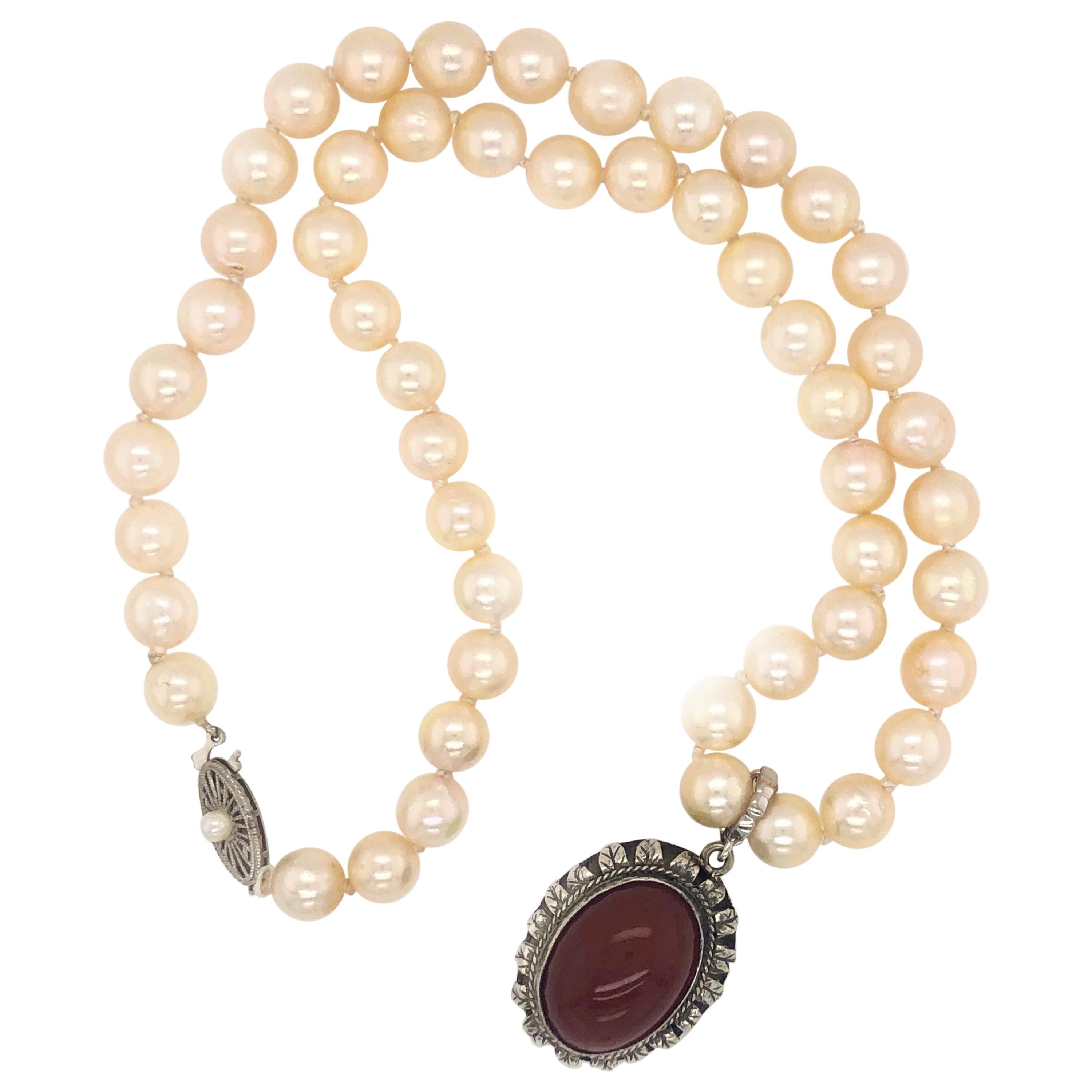 Carnelian Sterling Silver Pendant Enhancer on Akoya Pearl Strand Necklace For Sale