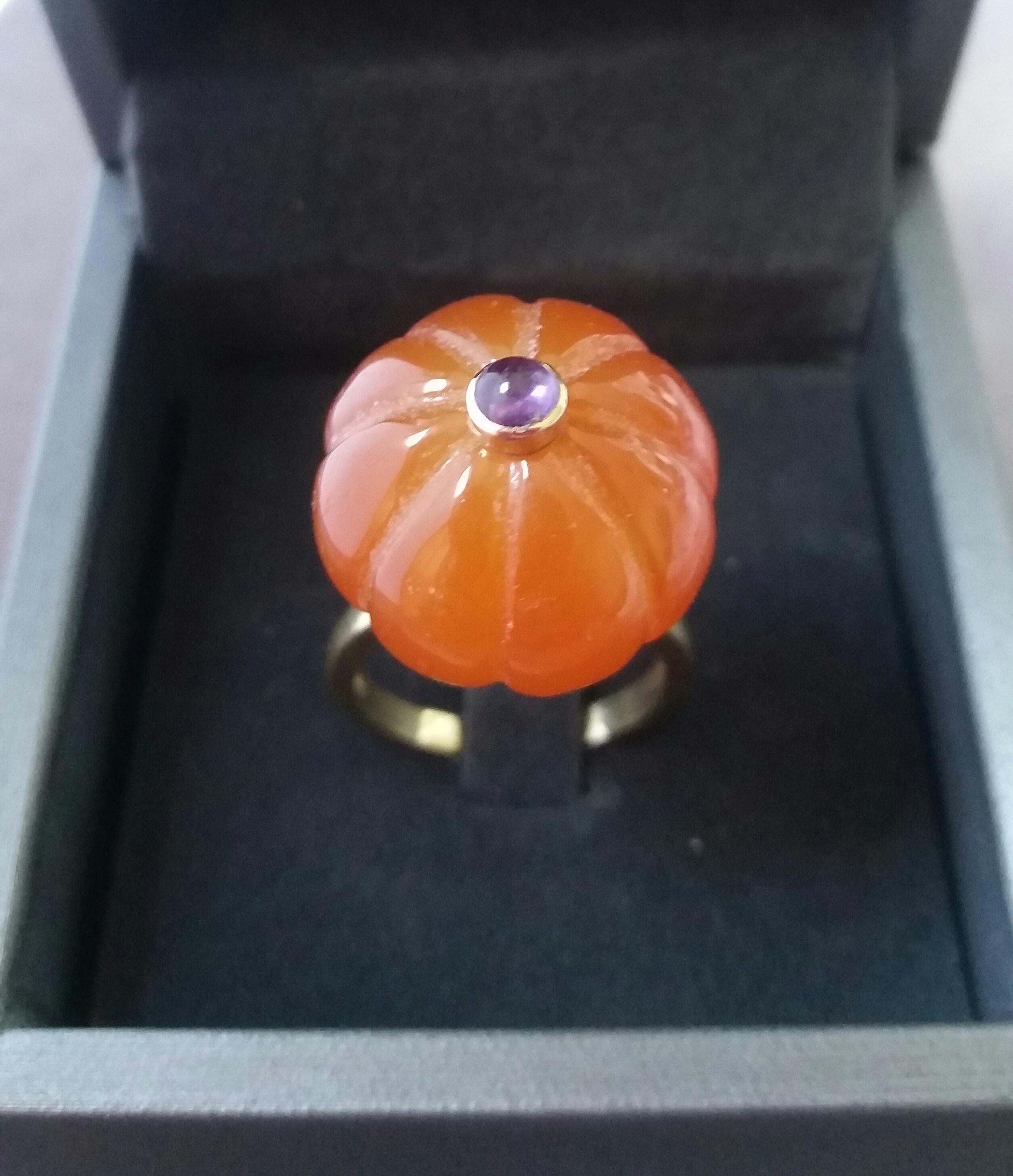 Carnelian Turban Fashion Ring Amethyst Cabochon 14 Karat Yellow Gold For Sale 3