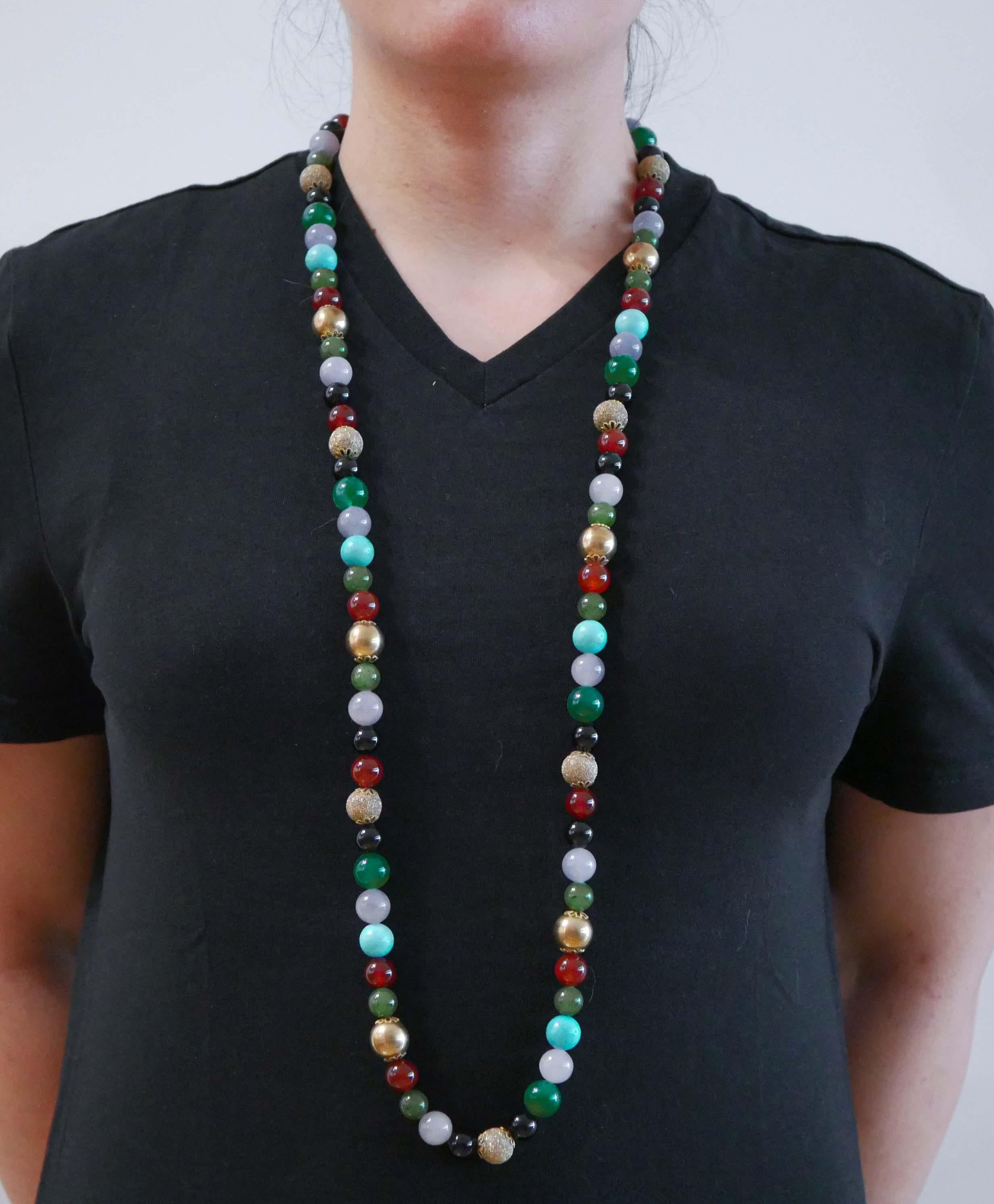 Round Cut Carnelian, Turquoise, Onyx, Agate, Tourmaline, Rose Gold and Silver Necklace. For Sale