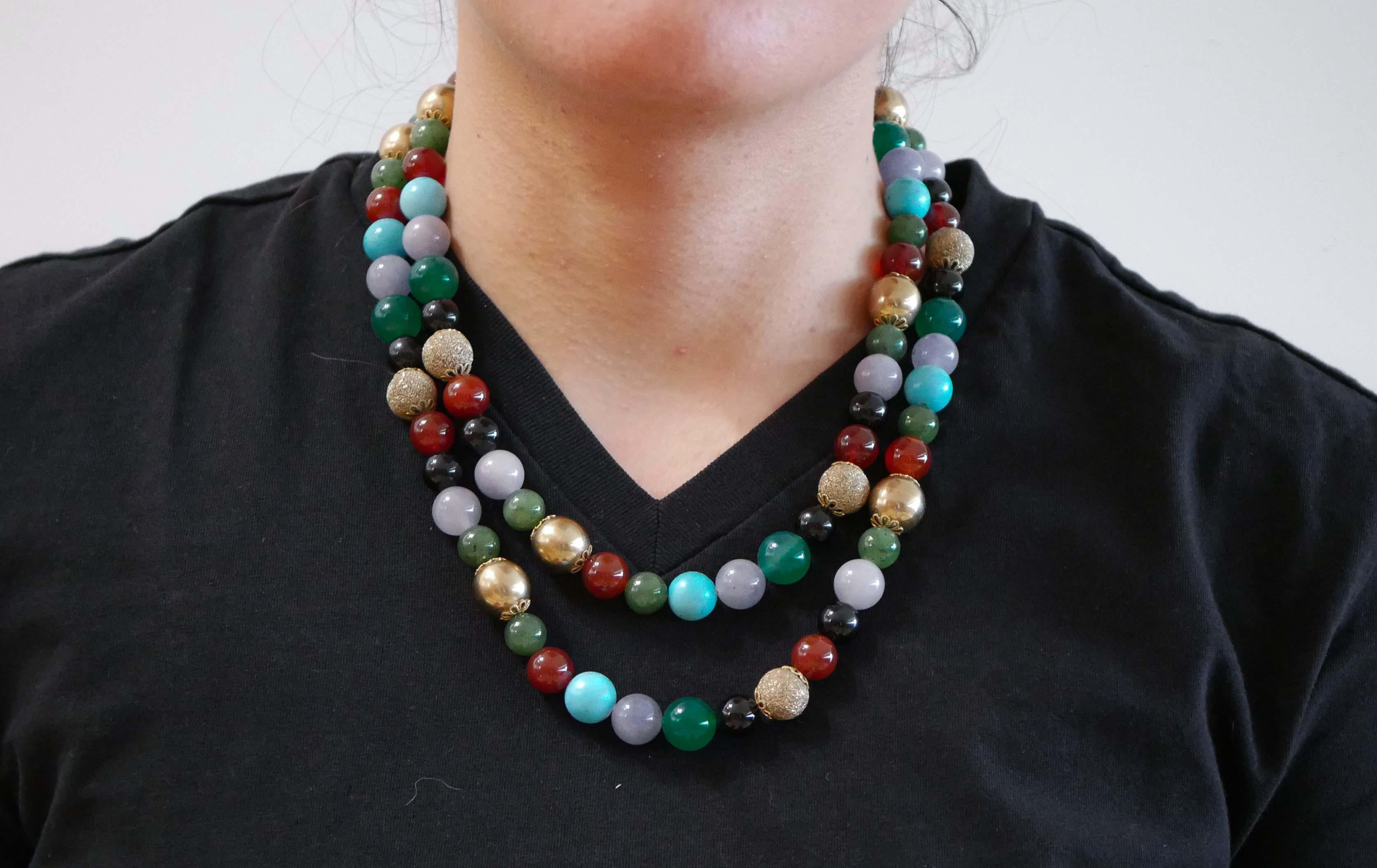 Women's Carnelian, Turquoise, Onyx, Agate, Tourmaline, Rose Gold and Silver Necklace. For Sale