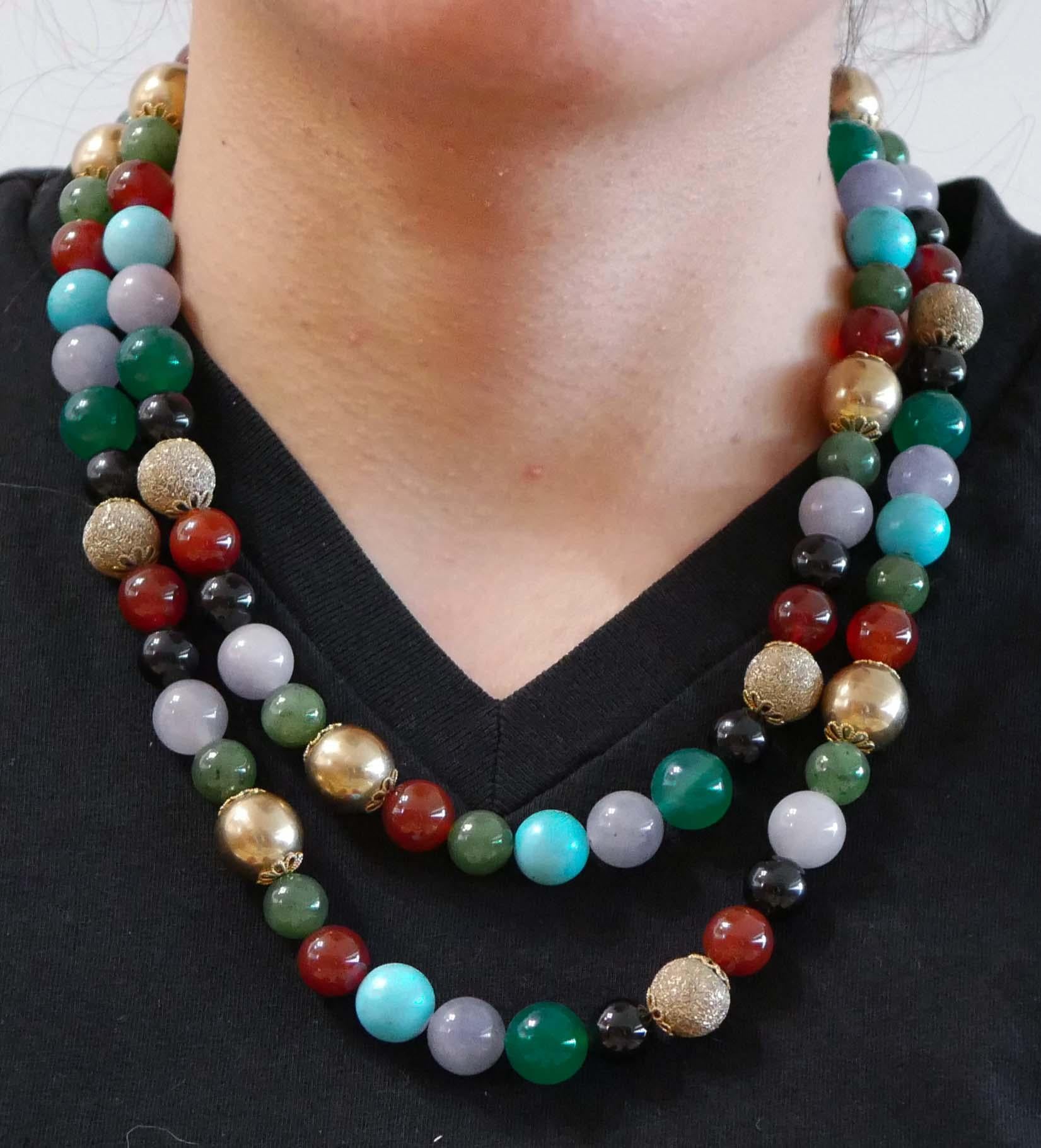 Carnelian, Turquoise, Onyx, Agate, Tourmaline, Rose Gold and Silver Necklace. For Sale 1