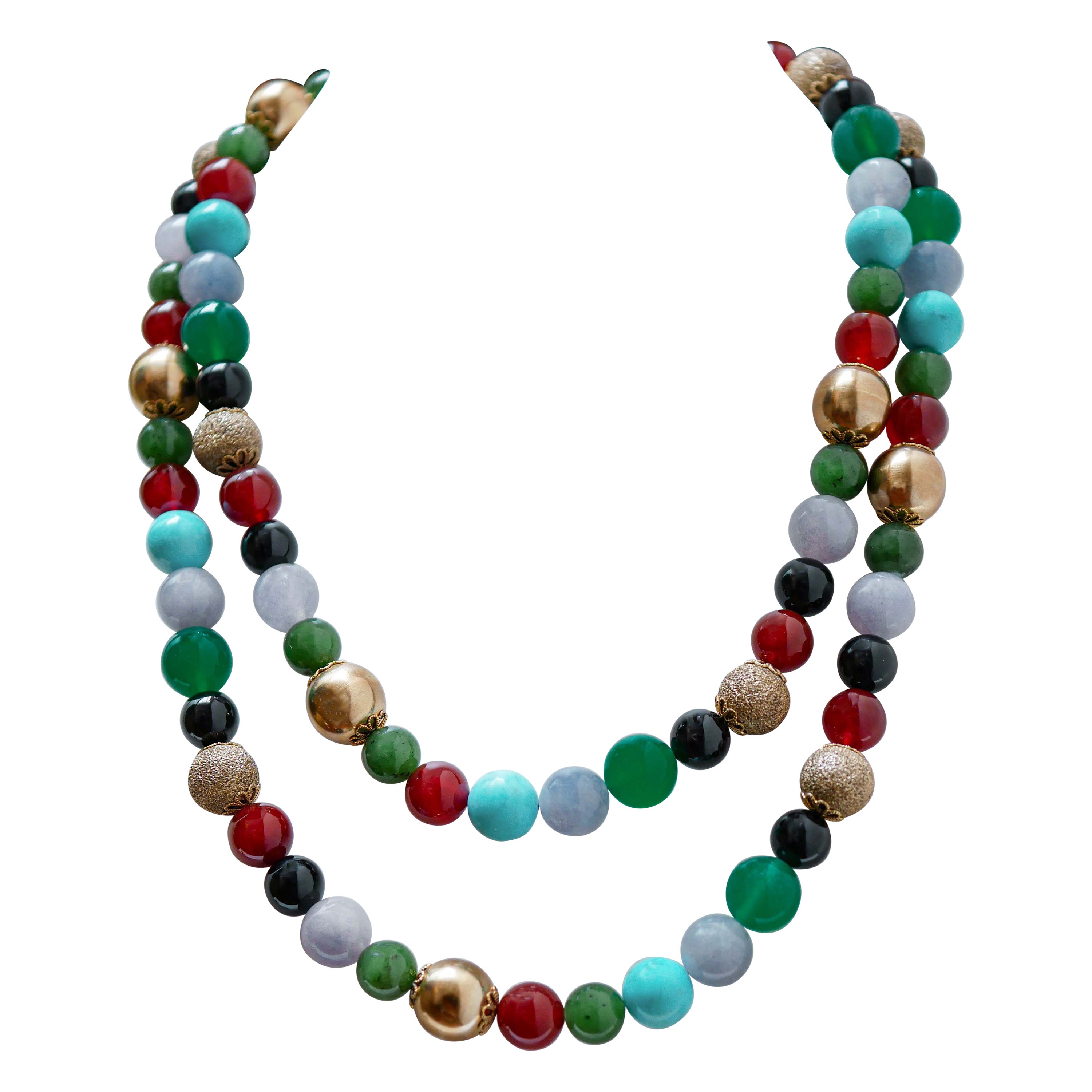 Collier en cornaline, turquoise, onyx, agate, tourmaline, or rose et argent