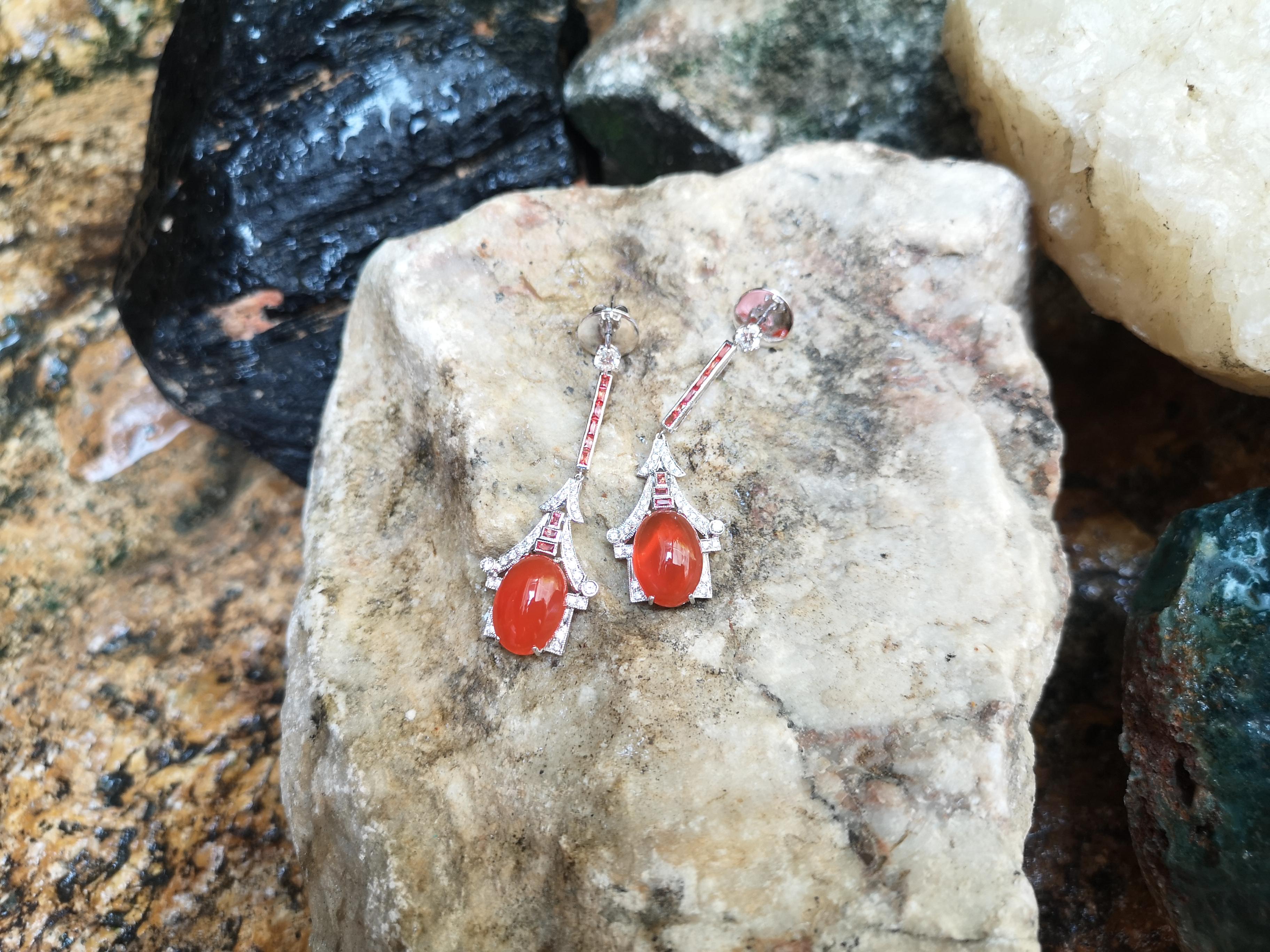 Cabochon Carnelian with Diamond and Orange Sapphire Earrings Set in 18 Karat White Gold For Sale