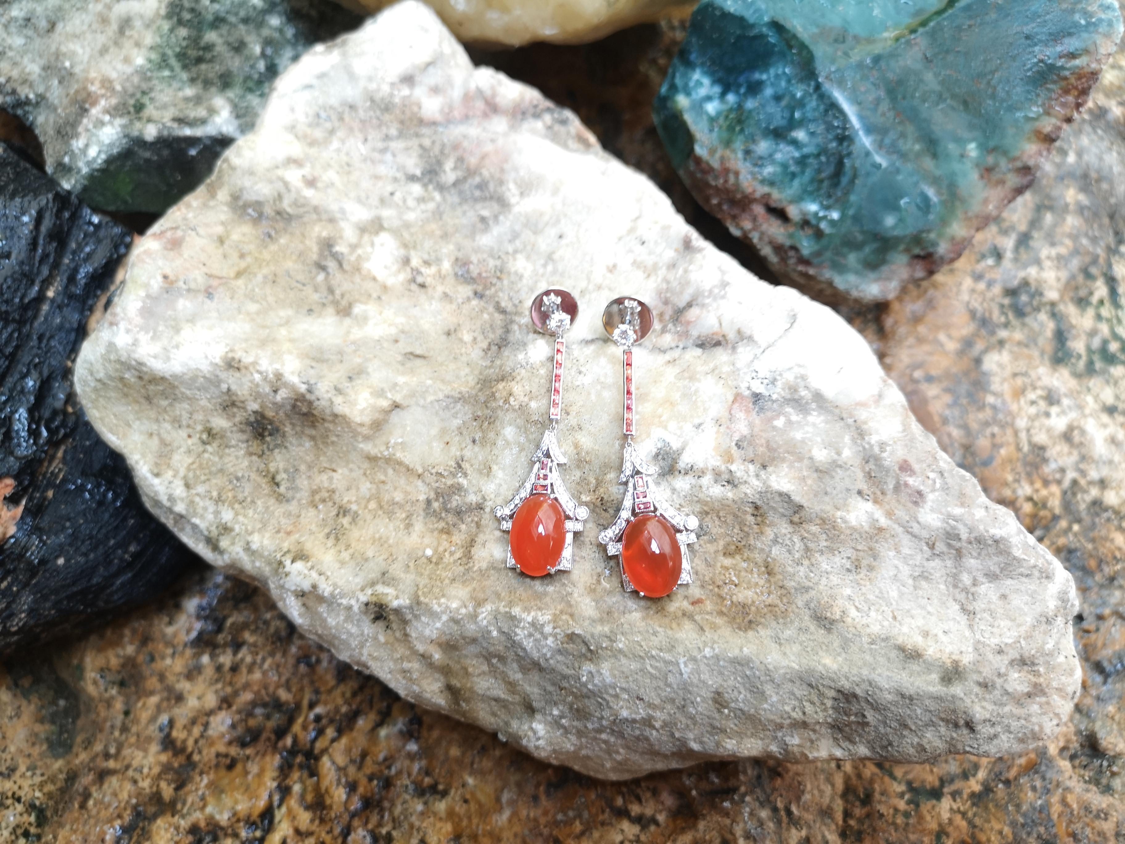 Carnelian with Diamond and Orange Sapphire Earrings Set in 18 Karat White Gold In New Condition For Sale In Bangkok, TH