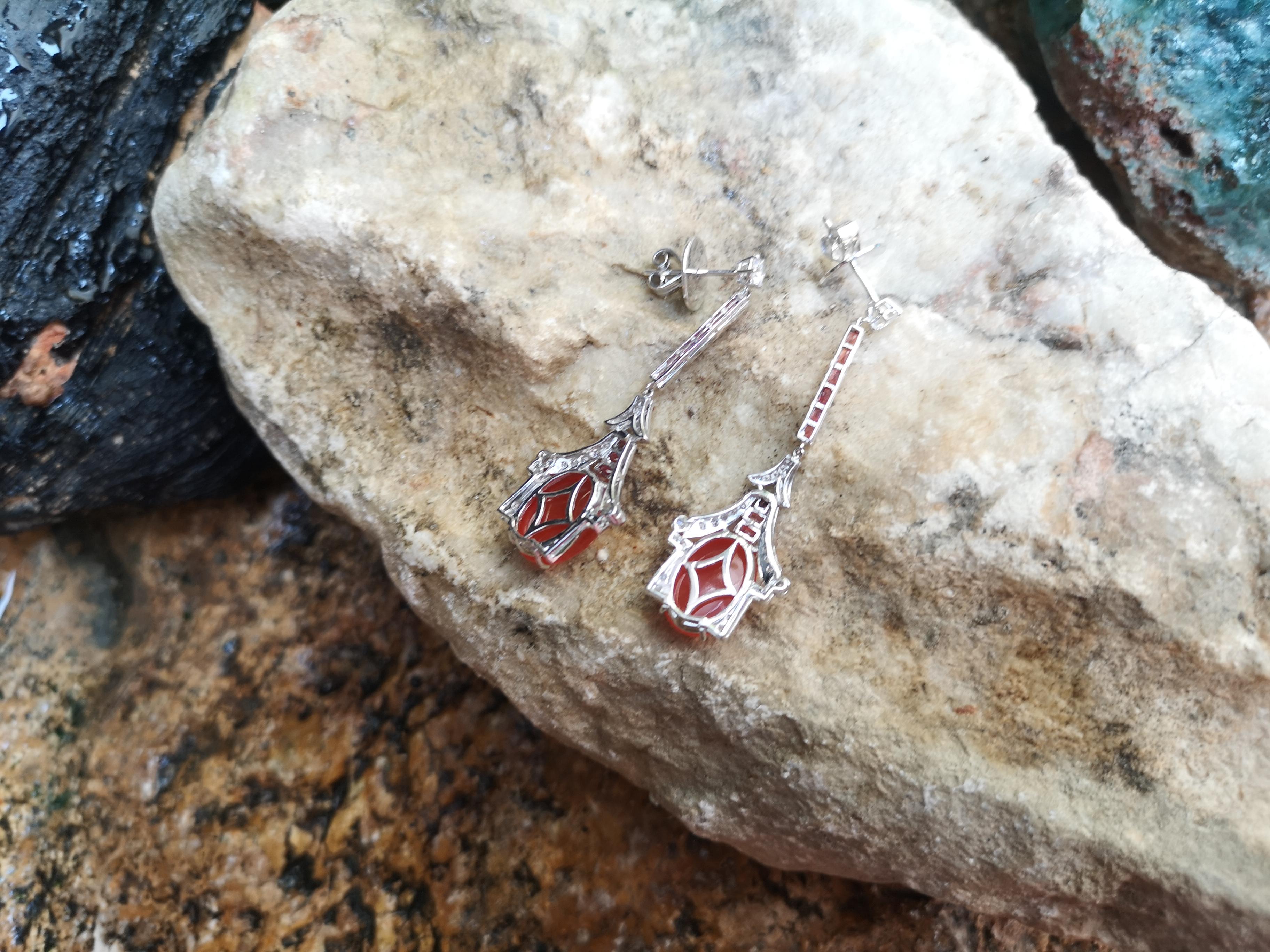 Carnelian with Diamond and Orange Sapphire Earrings Set in 18 Karat White Gold For Sale 1