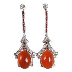 Carnelian with Diamond and Orange Sapphire Earrings Set in 18 Karat White Gold