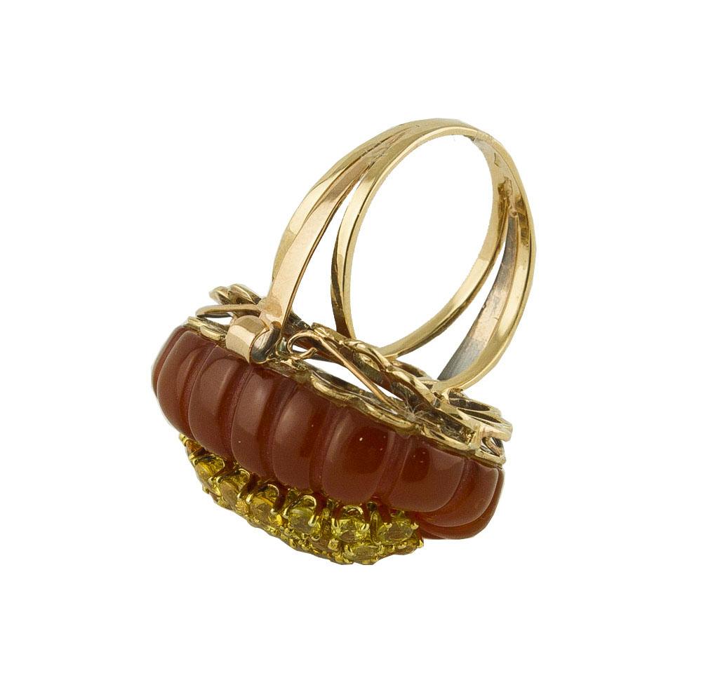 Carnelian, Yellow Sapphires, Rose Gold and Silver Fashion Ring In Good Condition In Marcianise, Marcianise (CE)