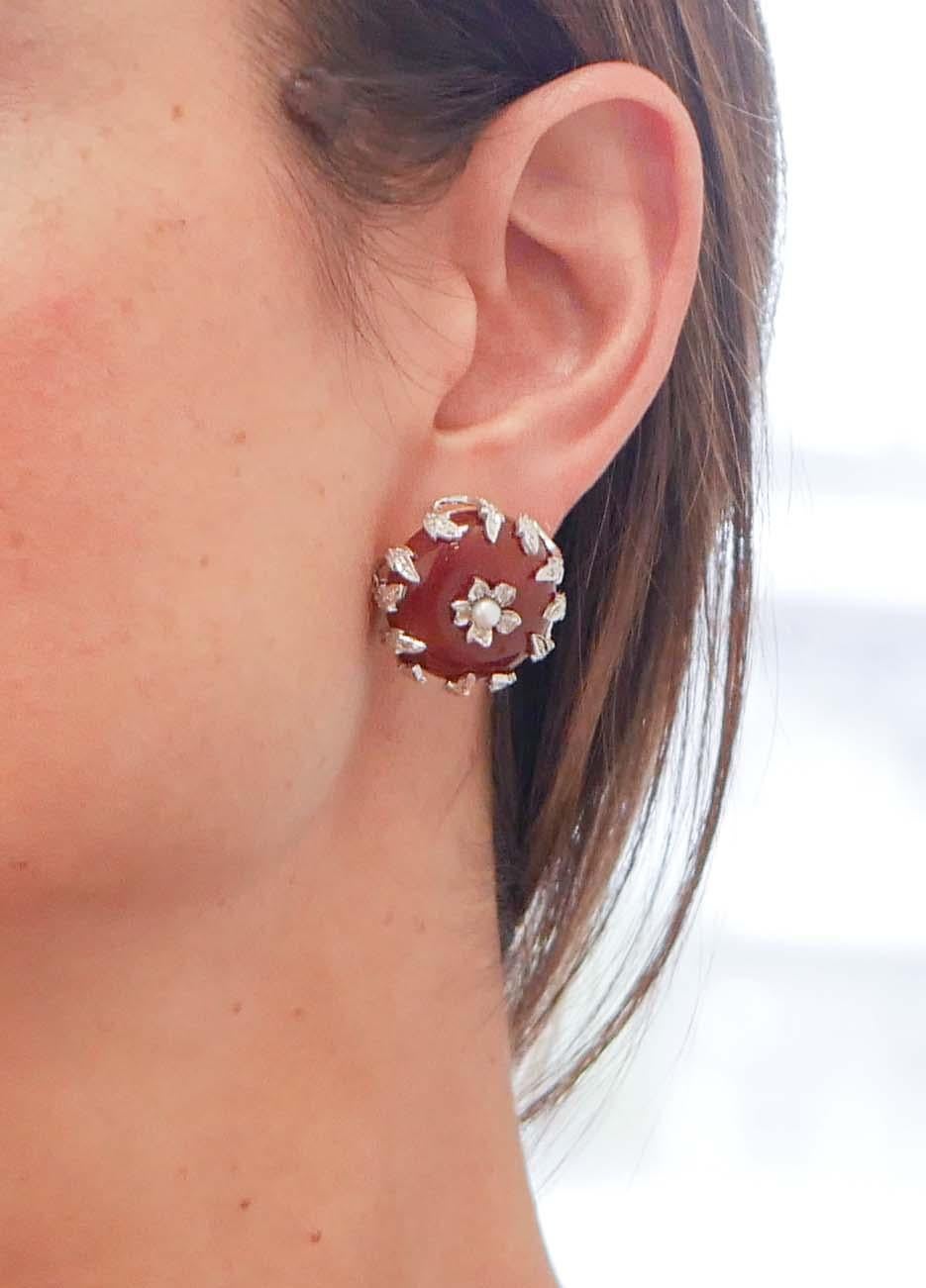 Carnelian, Diamonds, Pearls, 14 Karat White and Rose Gold Earrings In Good Condition For Sale In Marcianise, Marcianise (CE)