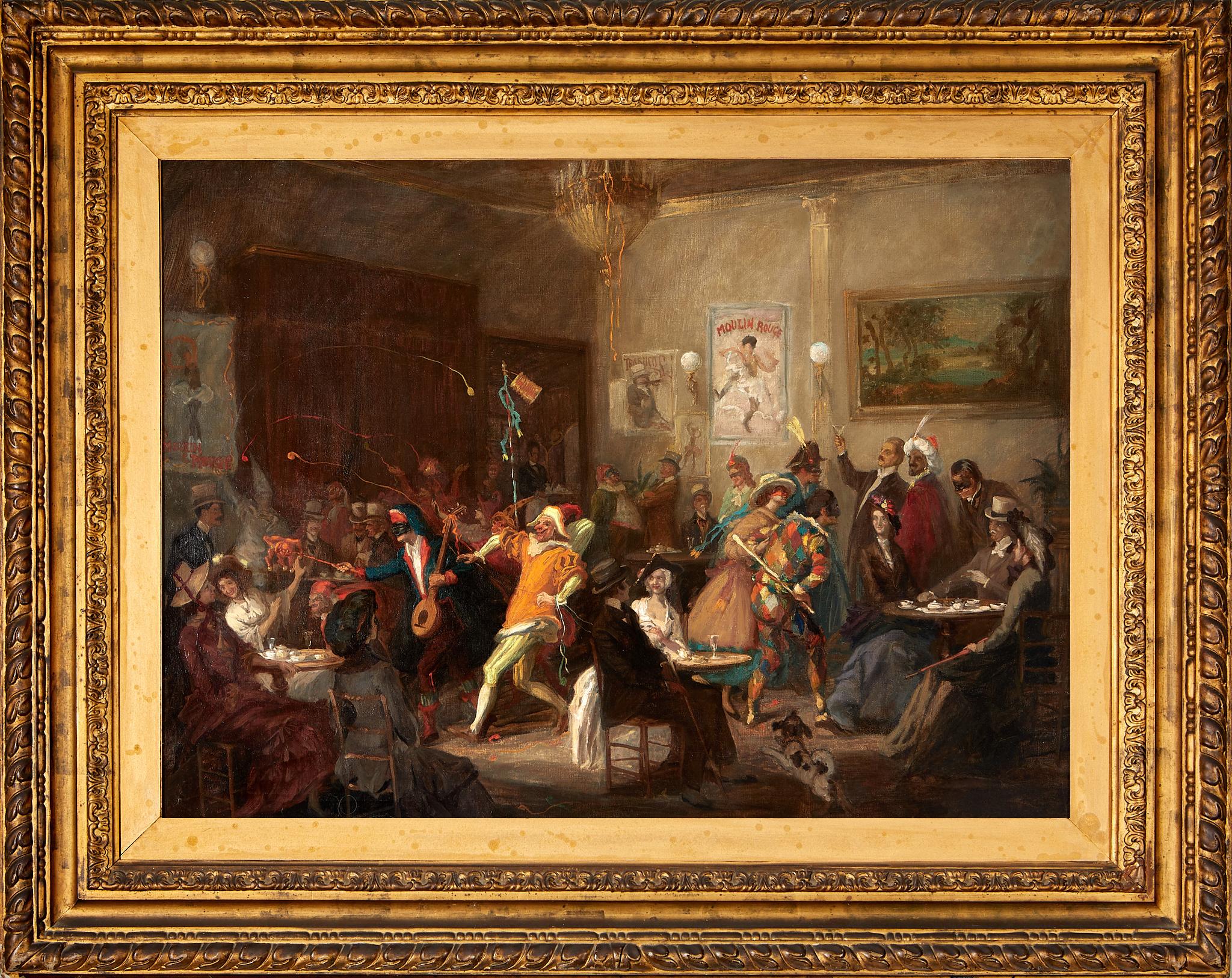 Carnival evening scene in a study in Montmartre,
19th-century oil on canvas in the style of Abel Truch,
circa 1900, France.
Height without frame 101 cm, width 75 cm,
Height with frame 132 cm, width 104 cm.