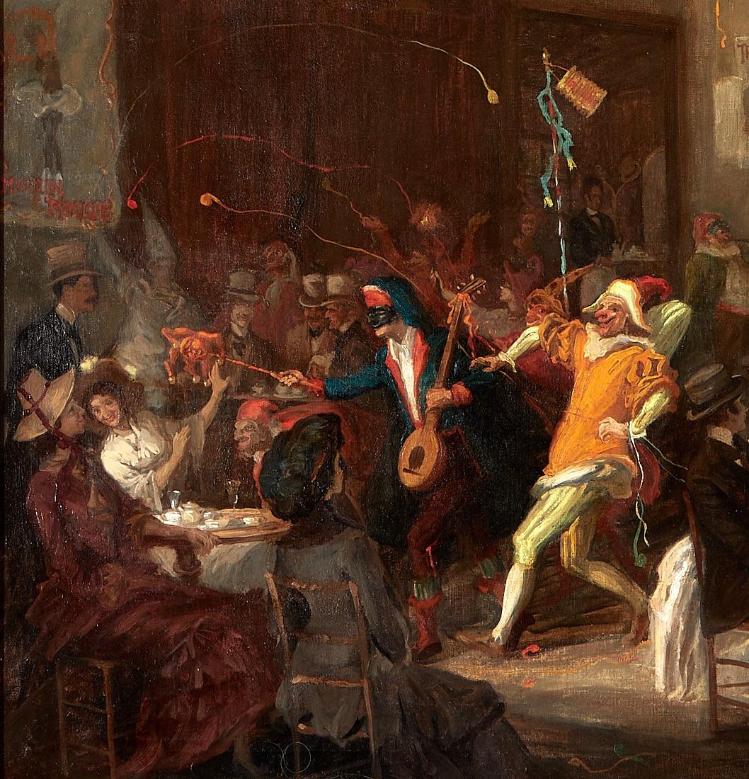 French Carnival evening scene in a study in Montmartre in the style of Abel Truch. For Sale