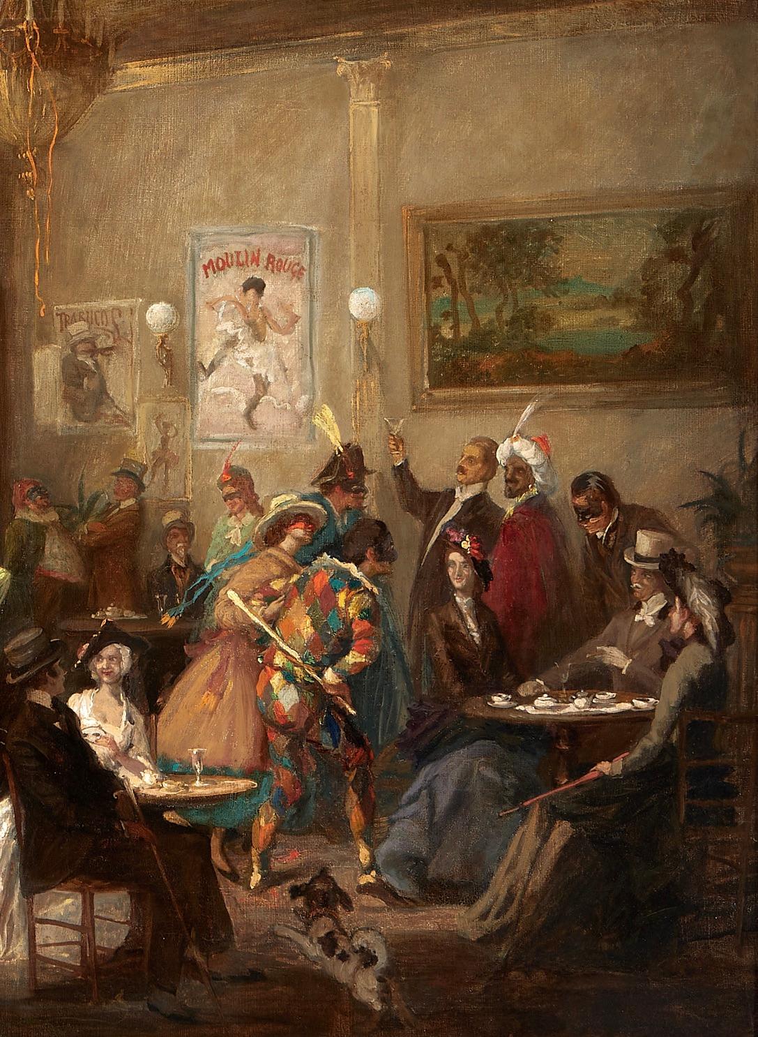 Carnival evening scene in a study in Montmartre in the style of Abel Truch. In Good Condition For Sale In Nice, Cote d' Azur